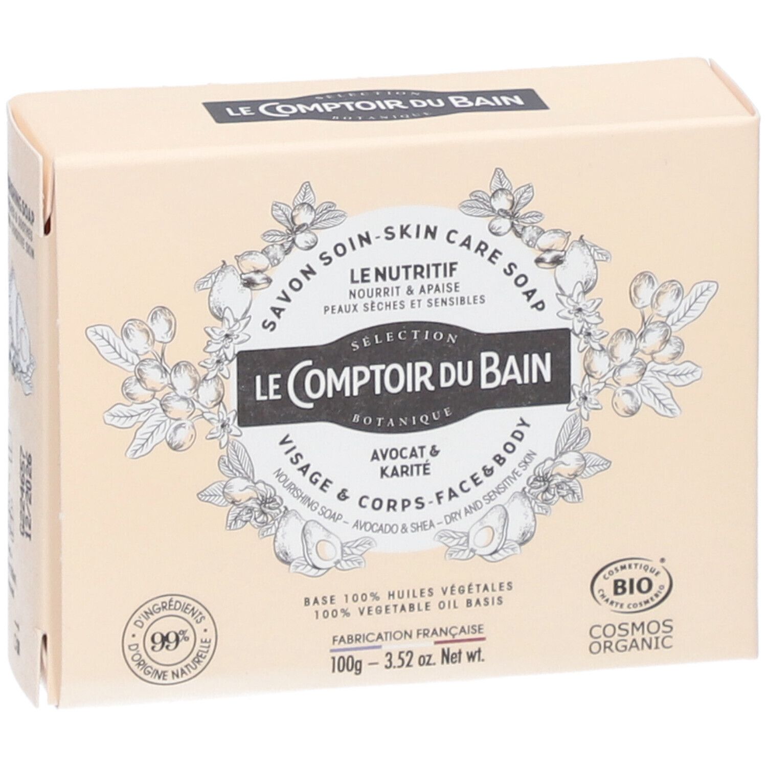 Boîte en carton beige avec informations produit. Inscription : Le Comptoir du Bain, Avocat & Karité. Certification bio.