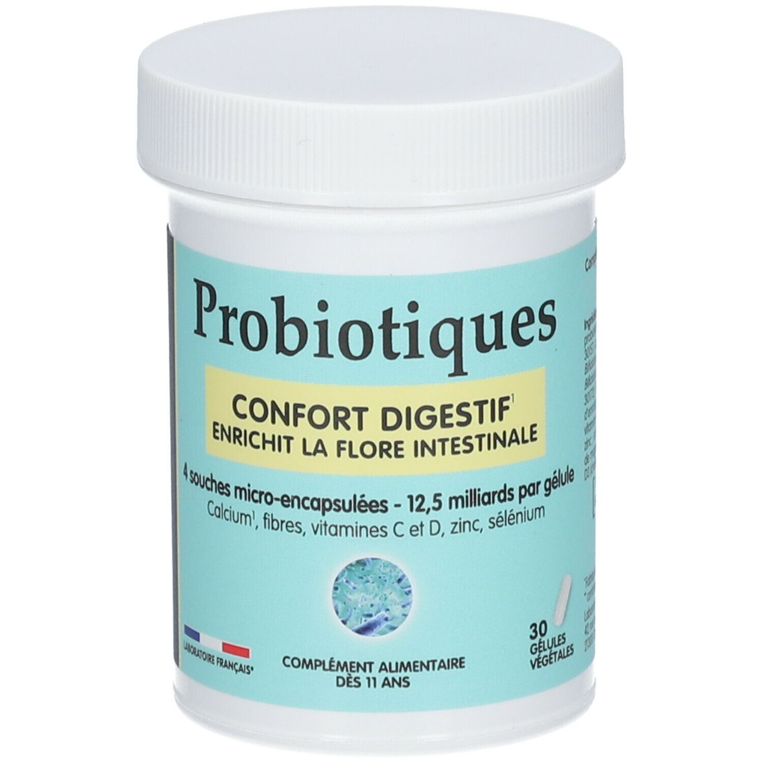 Pot de Probiotiques avec couvercle blanc. Inscription: Probiotiques, Confort Digestif, 30 gélules. Contient 12,5 milliards par gélule.