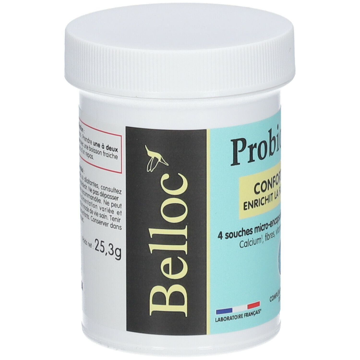 Pot de Probiotiques avec couvercle blanc. Inscription: Belloc, Probiotiques, Confort Digestif. Contient 4 souches, 25,3g. Drapeau français.