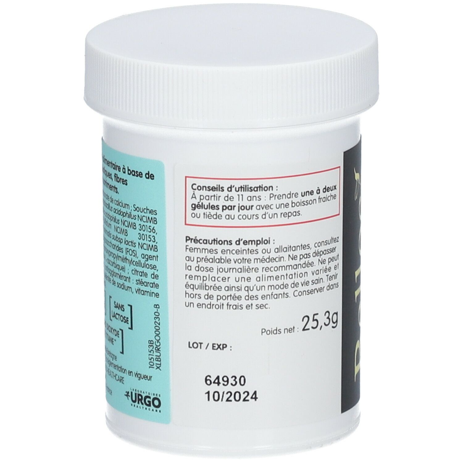 Pot de Probiotiques avec couvercle blanc. Inscription: Belloc, 25,3g, 10/2024. Contient 4 souches. Drapeau français. Urgo Healthcare.