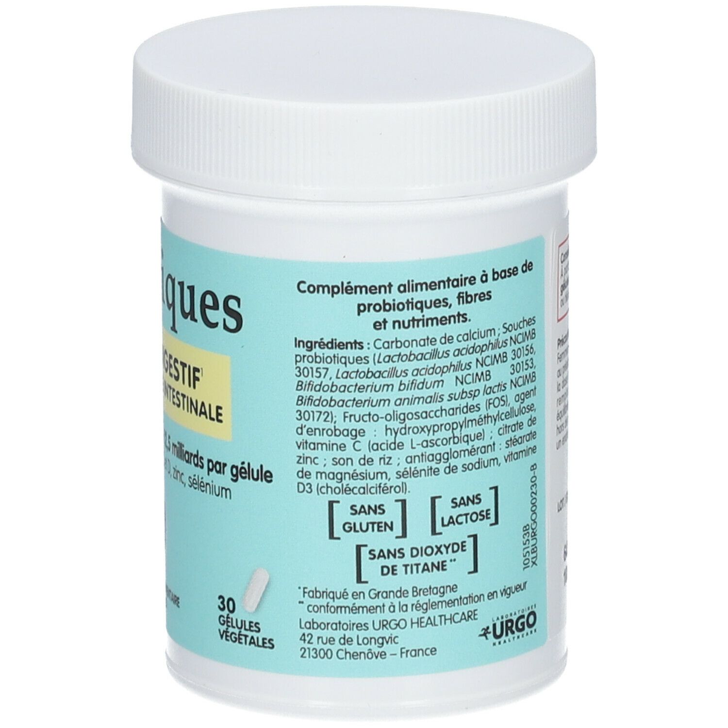 Pot de Probiotiques avec couvercle blanc. Inscription: Probiotiques, Confort Digestif, 30 gélules. Contient 12,5 milliards. Sans gluten/lactose.