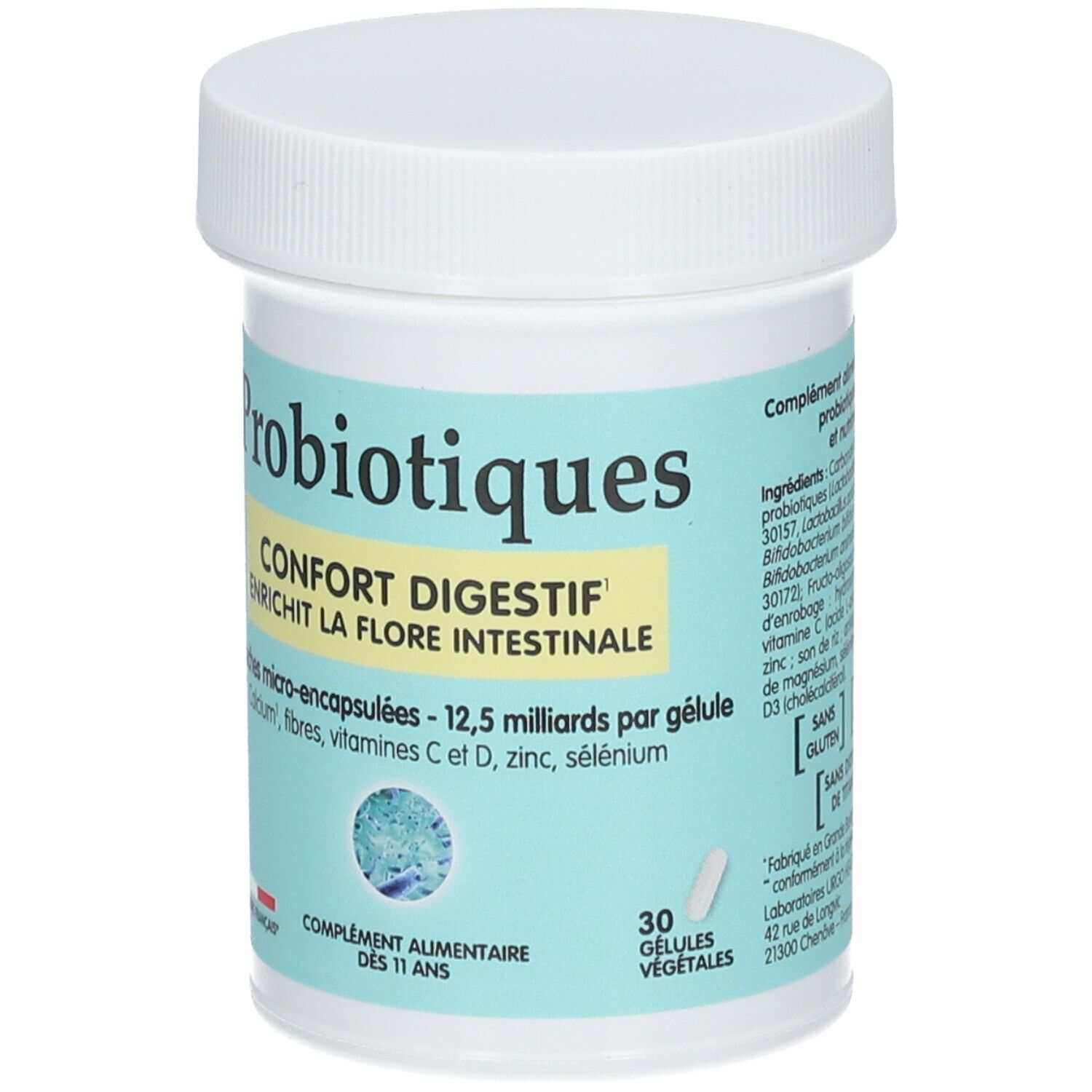 Pot de Probiotiques avec couvercle blanc. Inscription: Probiotiques, Confort Digestif, 30 gélules. Contient 12,5 milliards. Drapeau français.