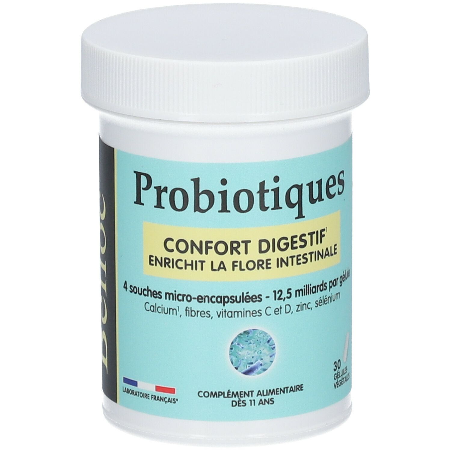 Pot de Probiotiques avec couvercle blanc. Inscription: Probiotiques, Confort Digestif, 30 gélules. Contient 12,5 milliards. Logo Belloc.