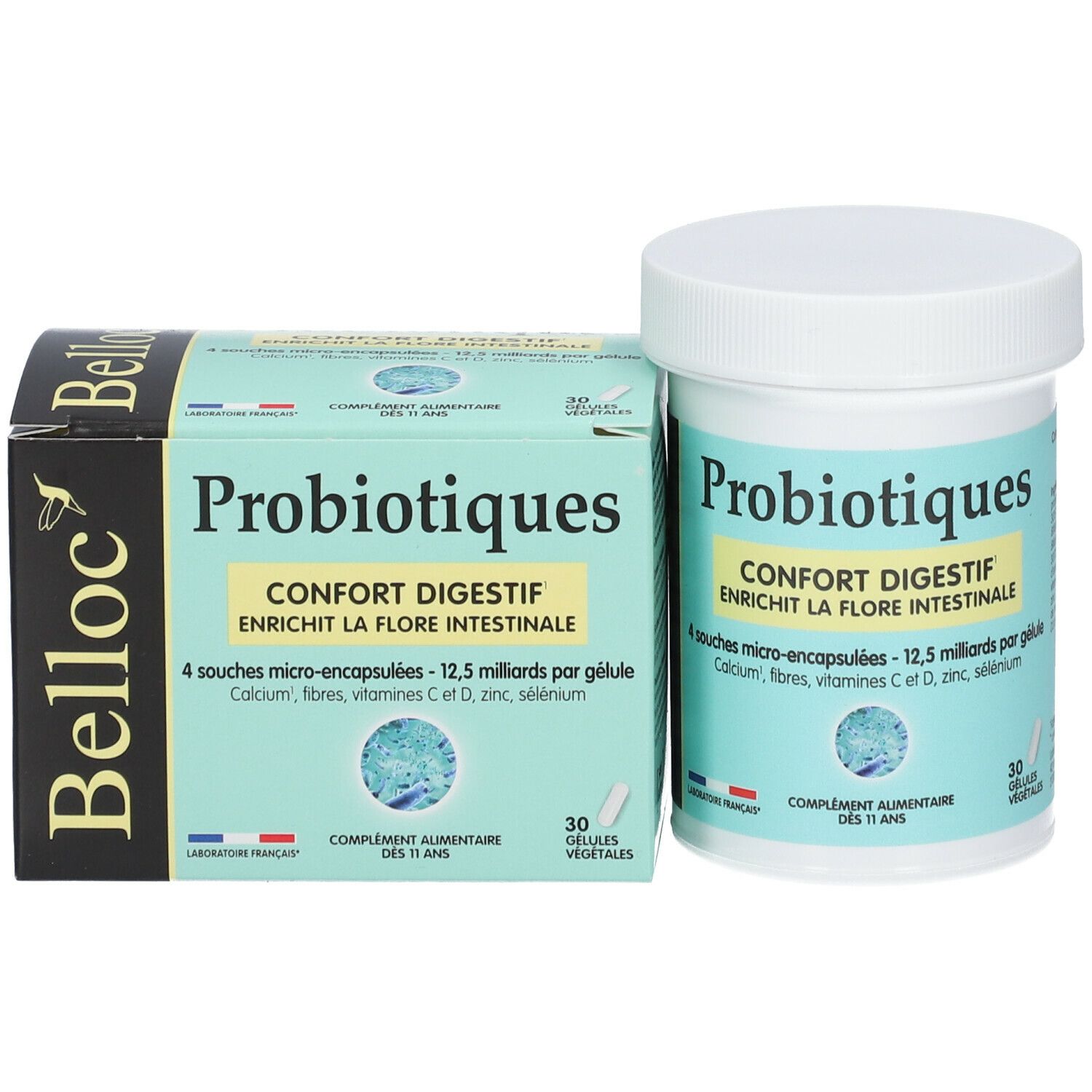 Pot et boîte de Probiotiques. Inscription: Probiotiques, Confort Digestif, 30 gélules. Contient 12,5 milliards. Logo Belloc.
