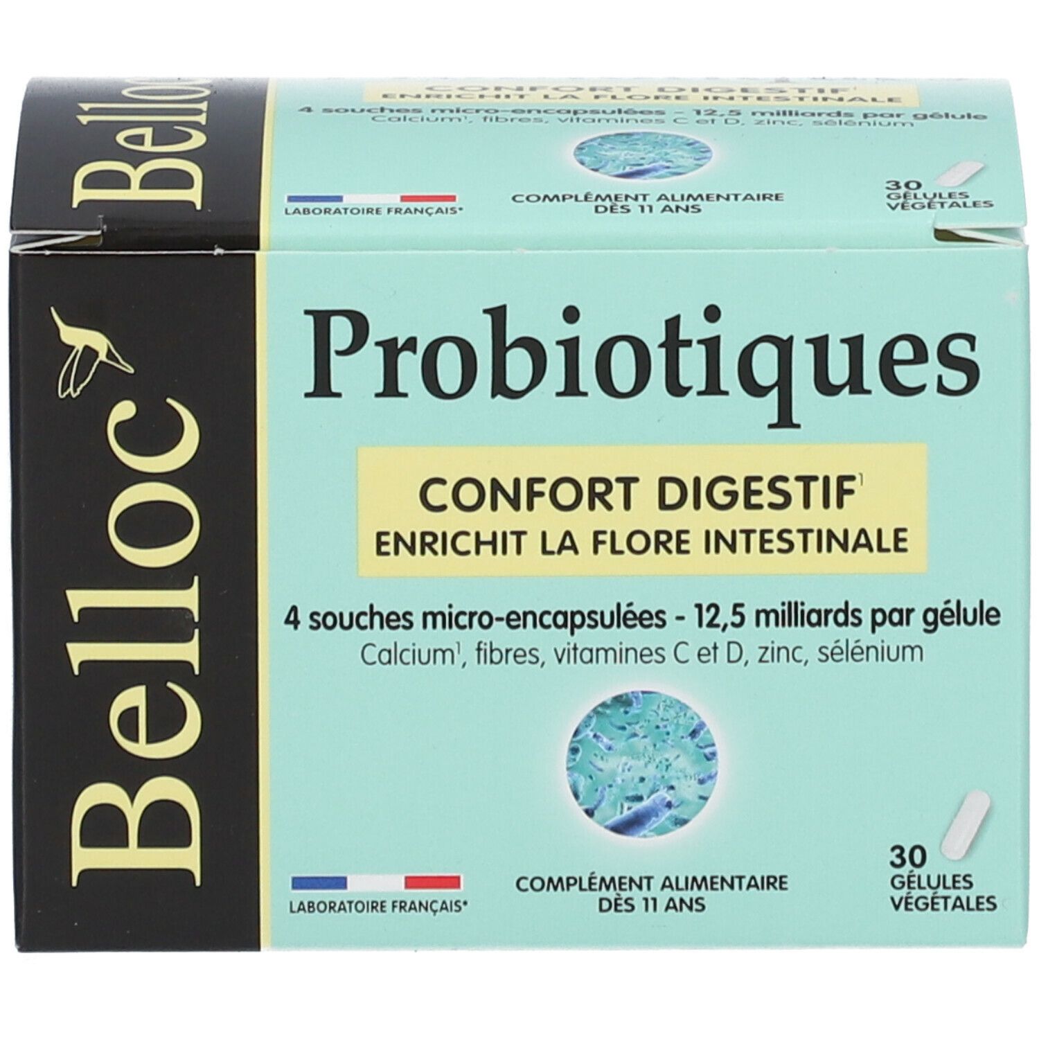 Boîte de Probiotiques. Inscription: Probiotiques, Confort Digestif, 30 gélules. Contient 12,5 milliards. Logo Belloc.