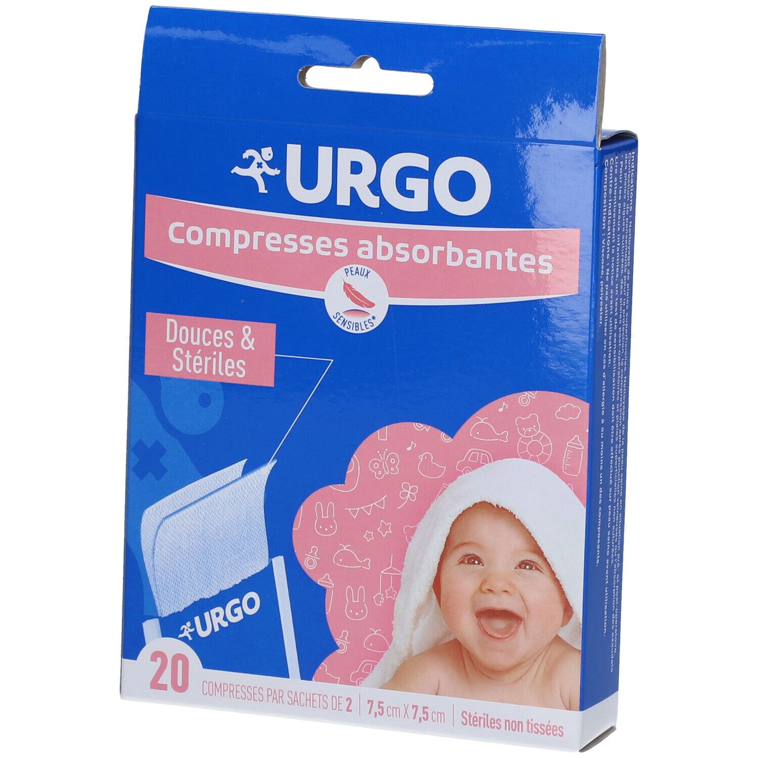 Boîte bleue URGO Compresses absorbantes. Fond rose avec bébé. Texte: Compresses absorbantes, Douces & Stériles. Contient 20 compresses.