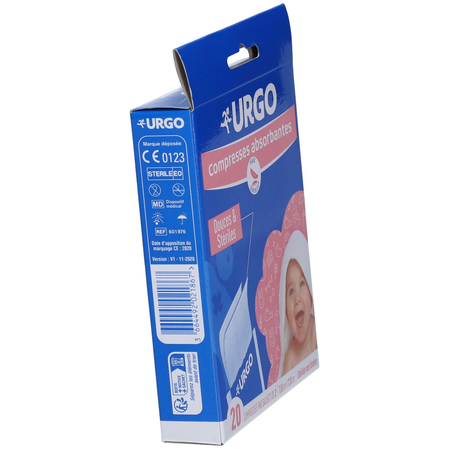 Vue latérale de la boîte bleue URGO Compresses absorbantes. Texte: Compresses absorbantes, Douces & Stériles. Contient 20 compresses. Marquage CE.