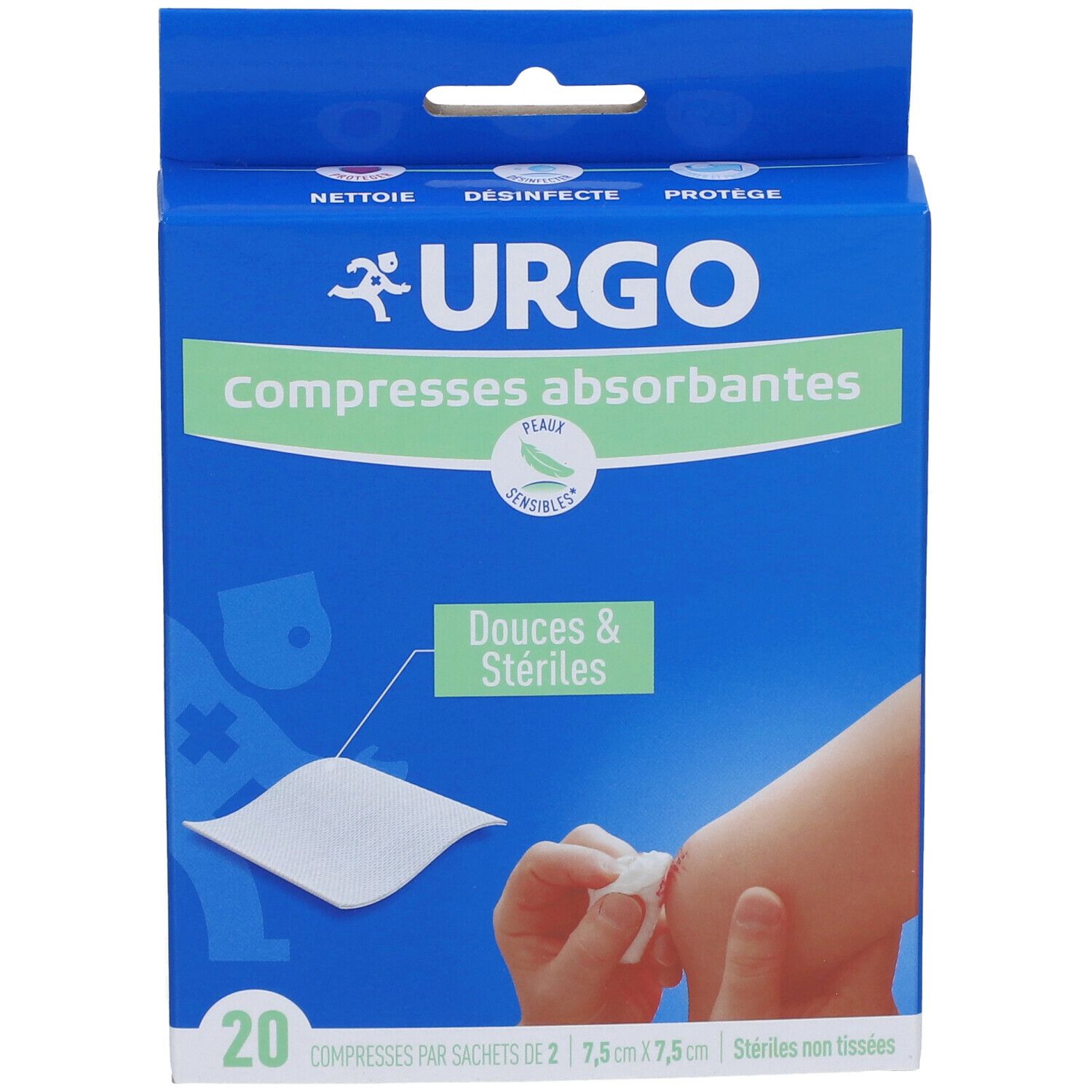 Boîte bleue URGO Compresses absorbantes. Contient 20 compresses de 7,5 x 7,5 cm. Illustration d'un bras utilisant une compresse.