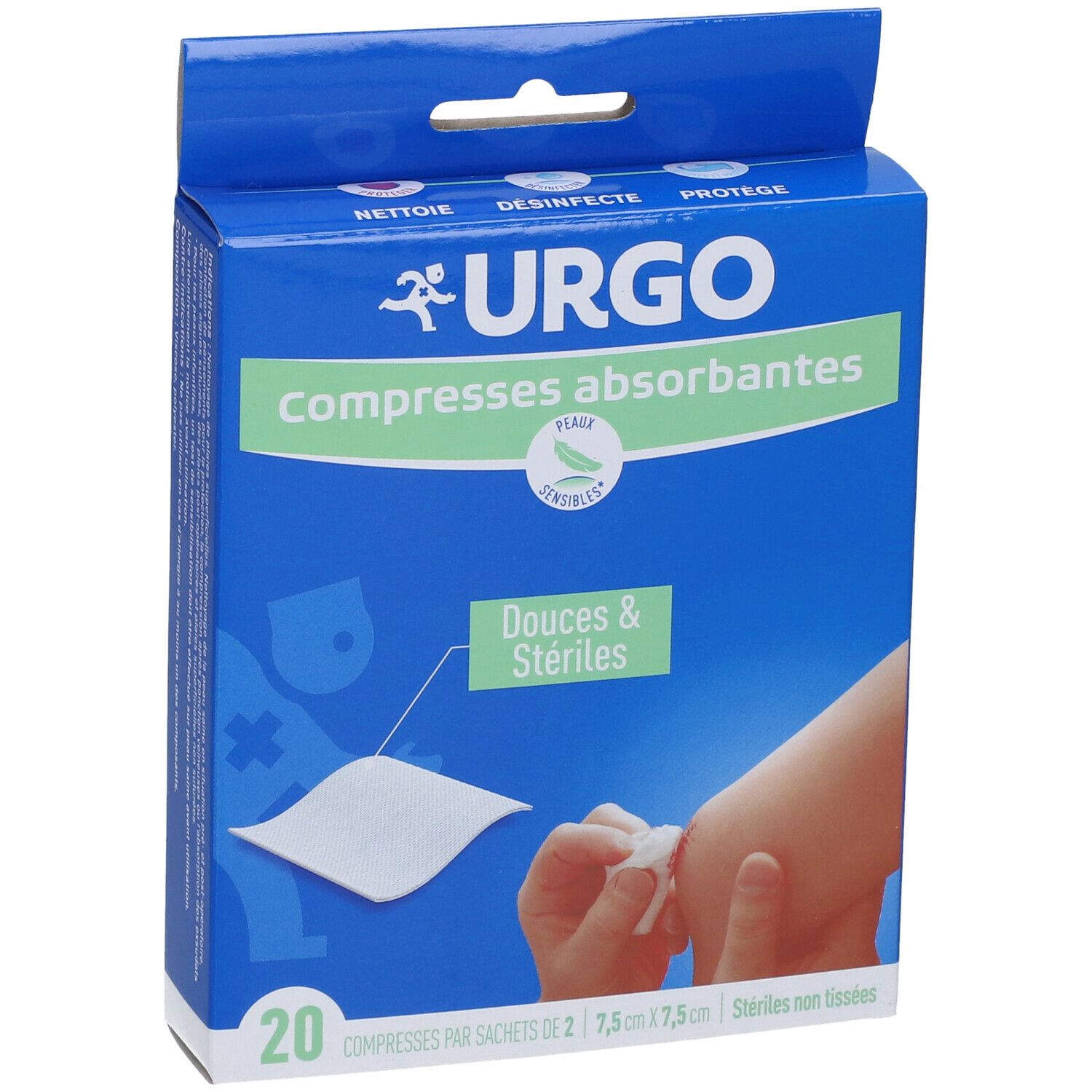 Boîte bleue URGO Compresses absorbantes. Contient 20 compresses de 7,5 x 7,5 cm. Illustration d'un bras utilisant une compresse.