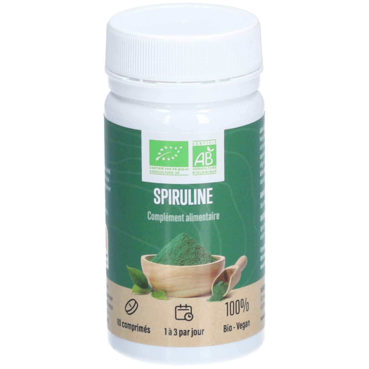 Weiße Flasche mit grünem Etikett. Aufschrift 'SPIRULINE'. Bio-Zertifizierung. 60 Tabletten.