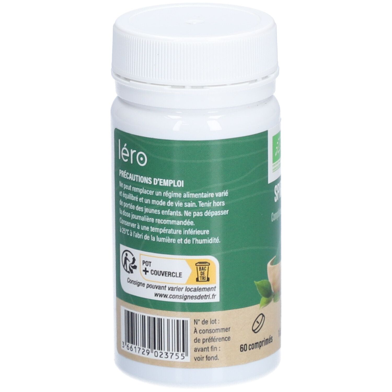Rückseite der Flasche. 'Léro' und Vorsichtshinweise. 60 Tabletten. Bio-Zertifizierung.
