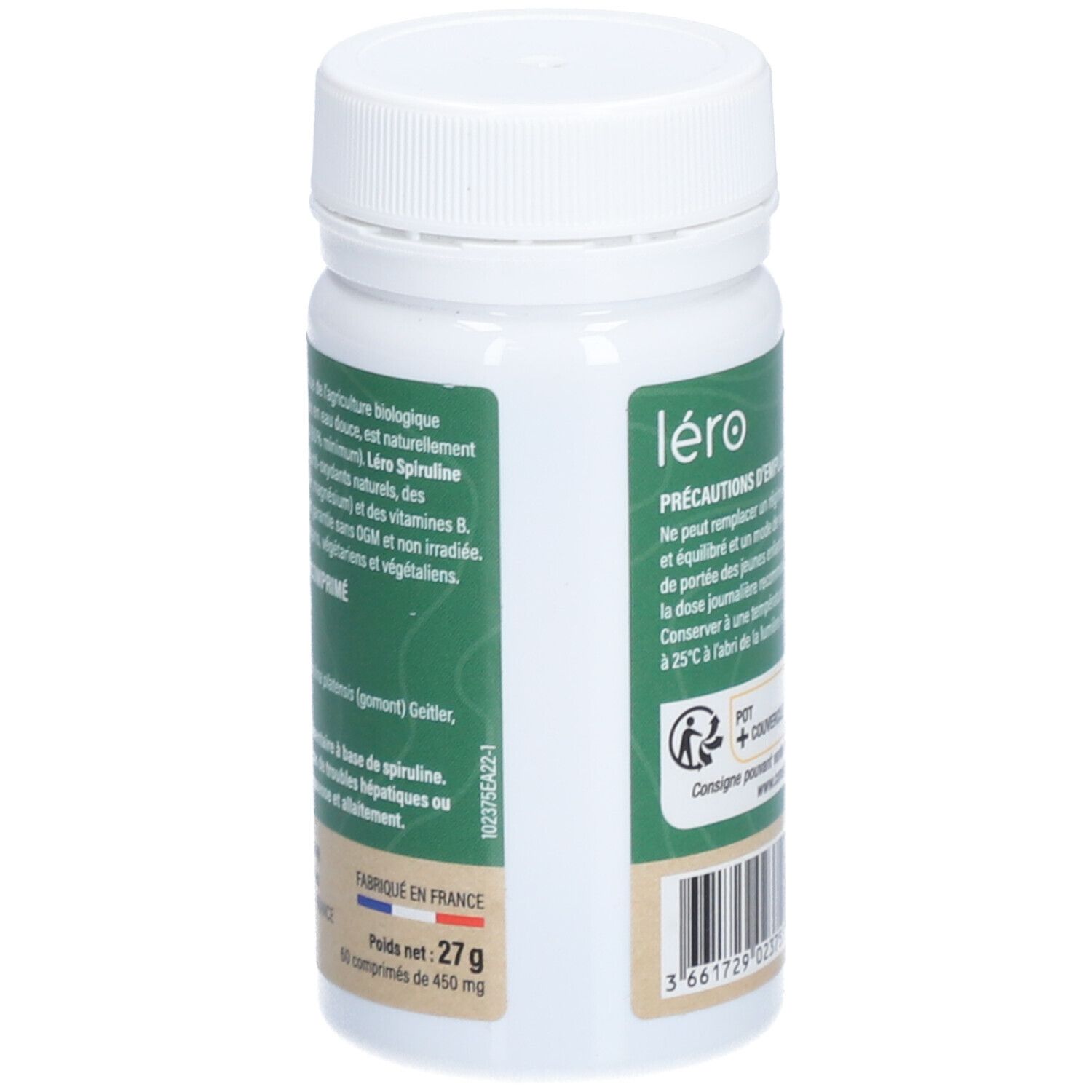 Rückseite der Flasche. 'Léro' und Informationen. 27g. 60 Tabletten. Hergestellt in Frankreich.