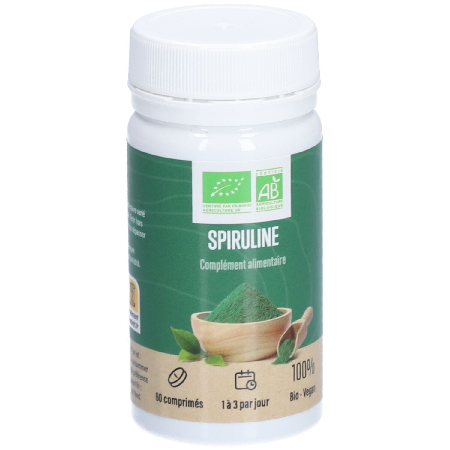 Weiße Flasche mit grünem Etikett. 'SPIRULINE'. Bio-Zertifizierung. 60 Tabletten.