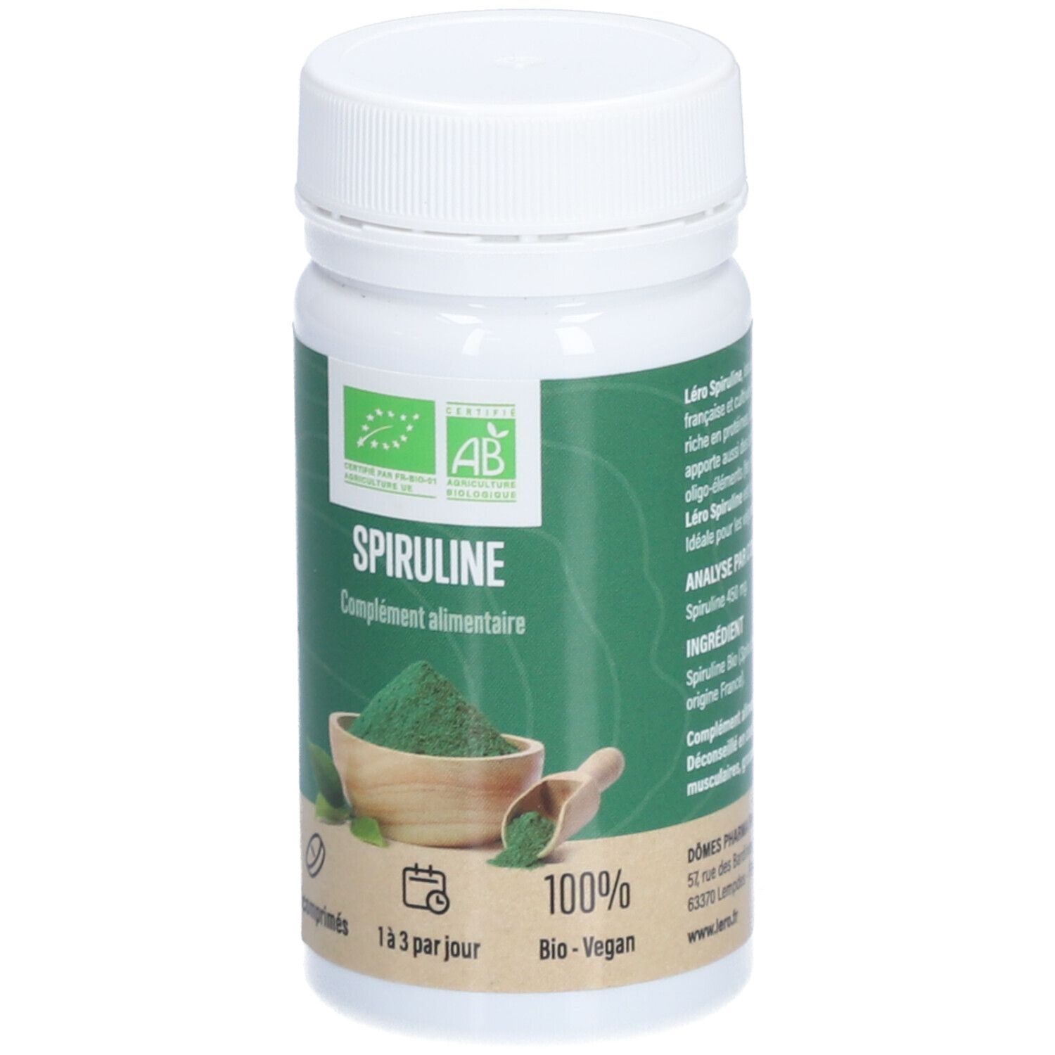 Weiße Flasche mit grünem Etikett. 'SPIRULINE'. Bio-Zertifizierung. 60 Tabletten. 'Léro'.