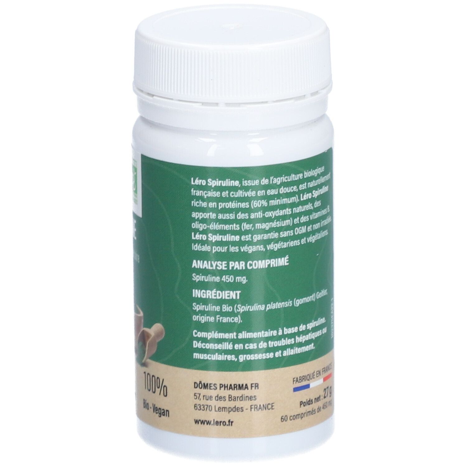 Rückseite der Flasche. 'Léro Spiruline'. Inhaltsstoffe. 27g. 60 Tabletten. Bio-Zertifizierung.