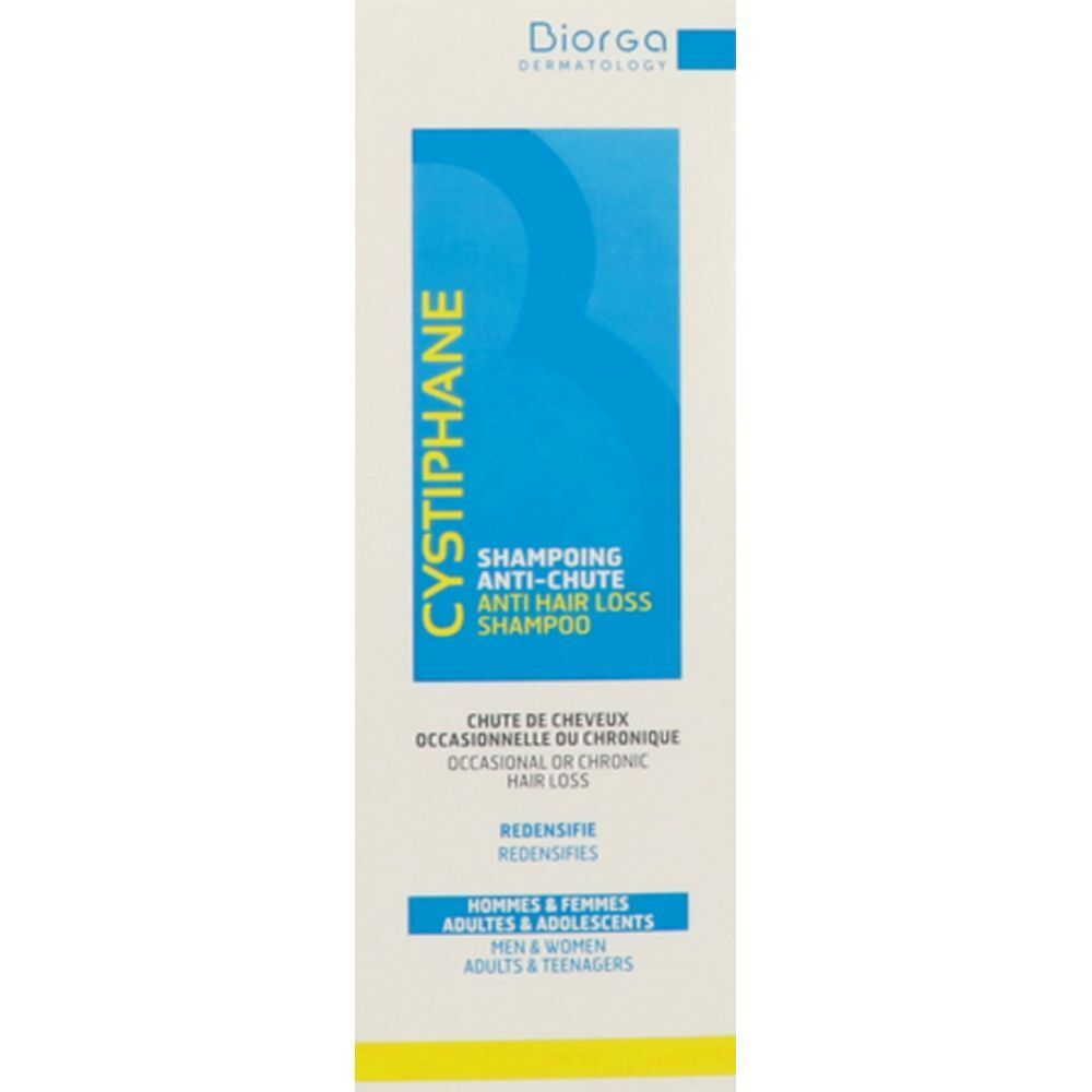 Emballage avec étiquette de shampooing. Texte : Cystiphane, Shampooing antichute. Marque : Diorga. Pour hommes, femmes et adolescents.