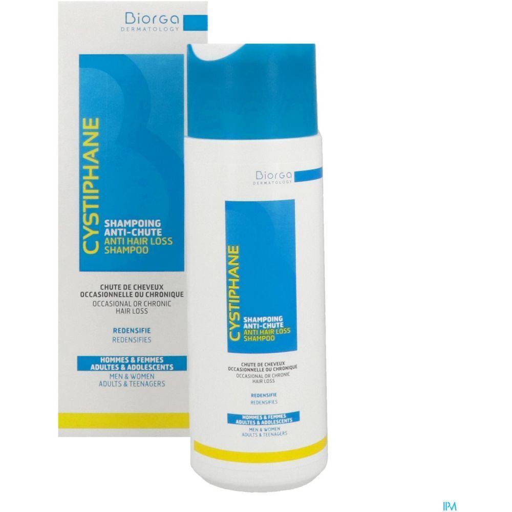 Flacon de shampooing et emballage. Texte : Cystiphane, Shampooing antichute. Marque : Diorga. Pour hommes, femmes et adolescents.