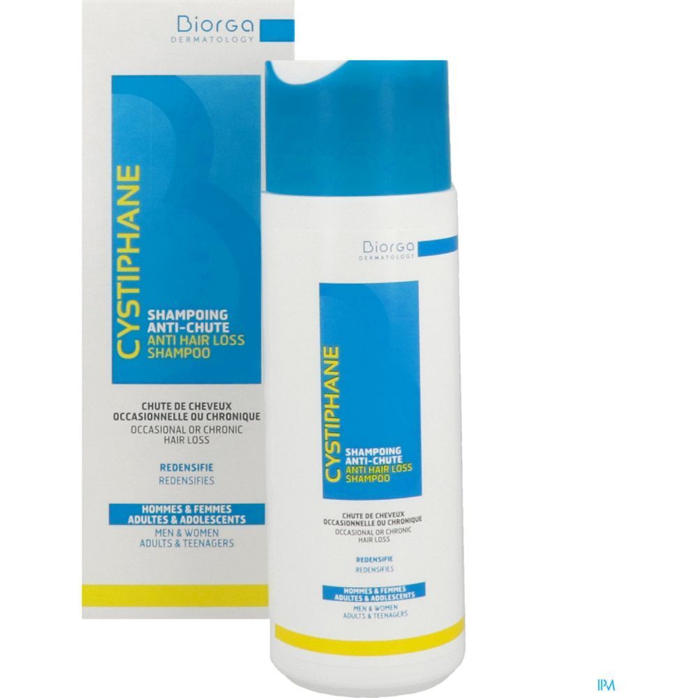 Flacon de shampooing et emballage. Texte : Cystiphane, Shampooing antichute. Marque : Diorga. Pour hommes, femmes et adolescents.