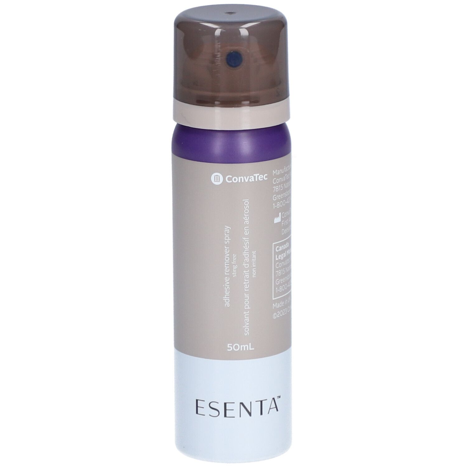 Spray ESENTA. Bouteille avec tête de pulvérisation. Couleurs : marron, violet, beige et blanc. Contient 50 ml.