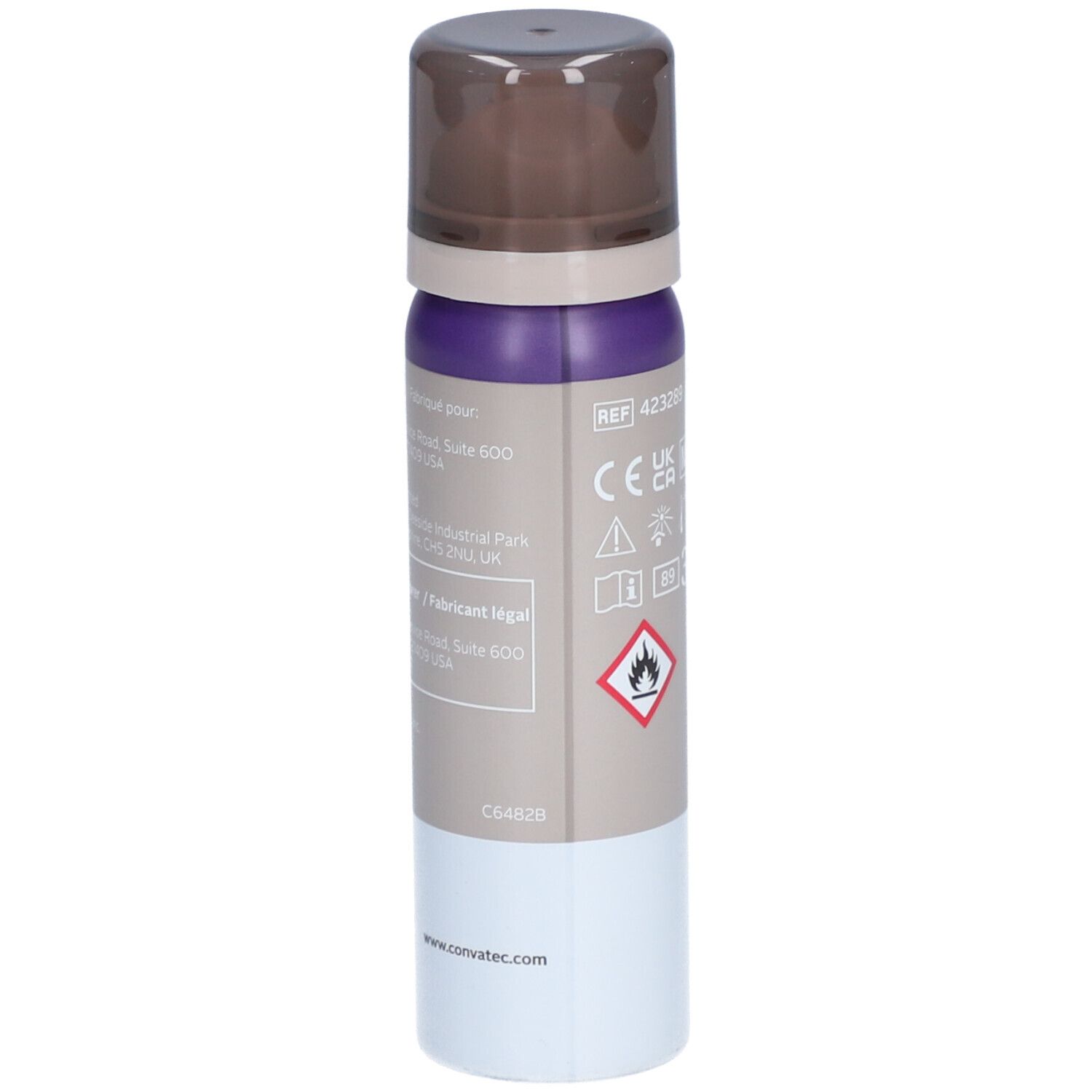 Spray ESENTA. Dos de la bouteille. Informations et symboles. Informations fabricant. Site web : convatec.com.