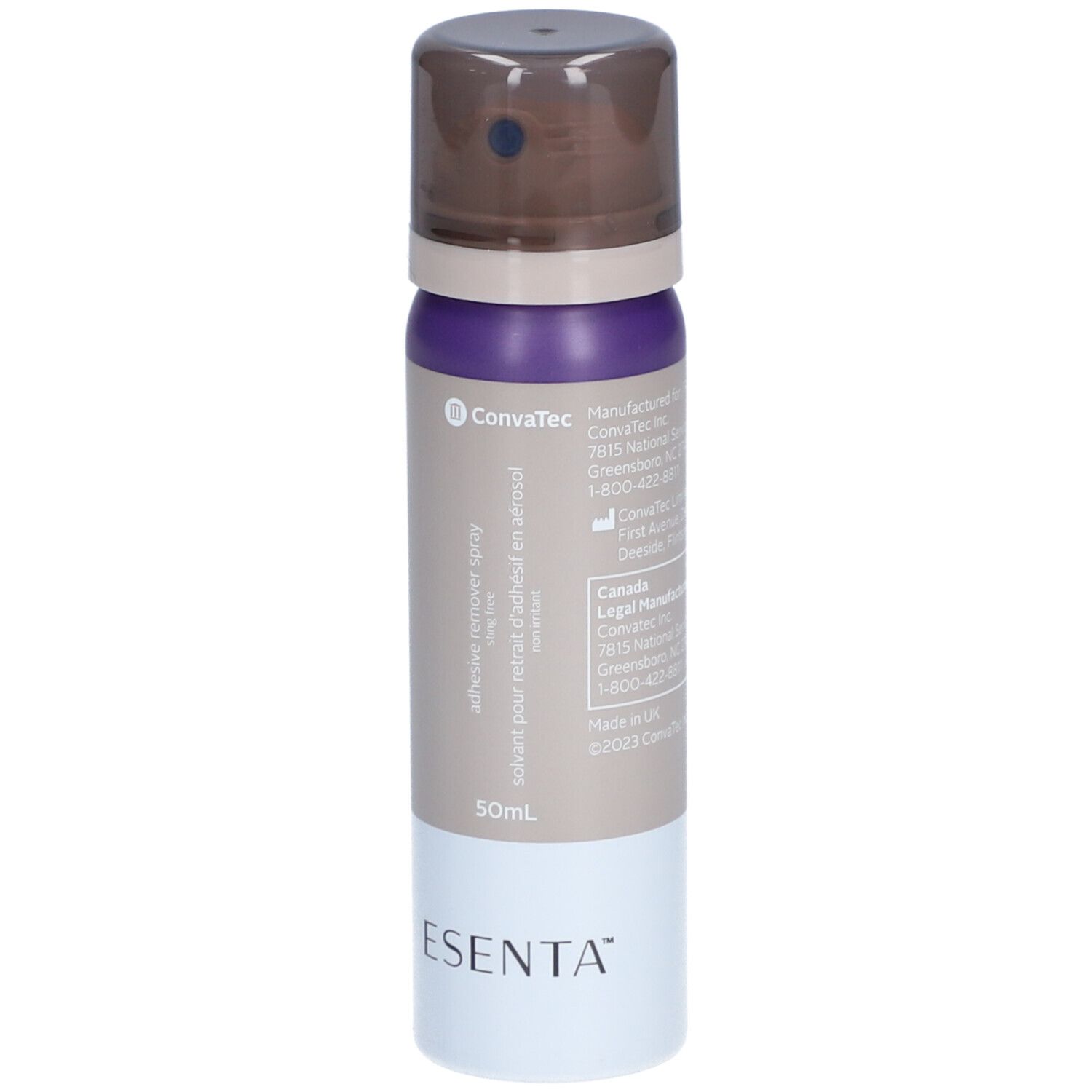 Spray ESENTA. Bouteille avec tête de pulvérisation. Marque : Convatec. Nom du produit : adhesive remover spray. 50 ml.