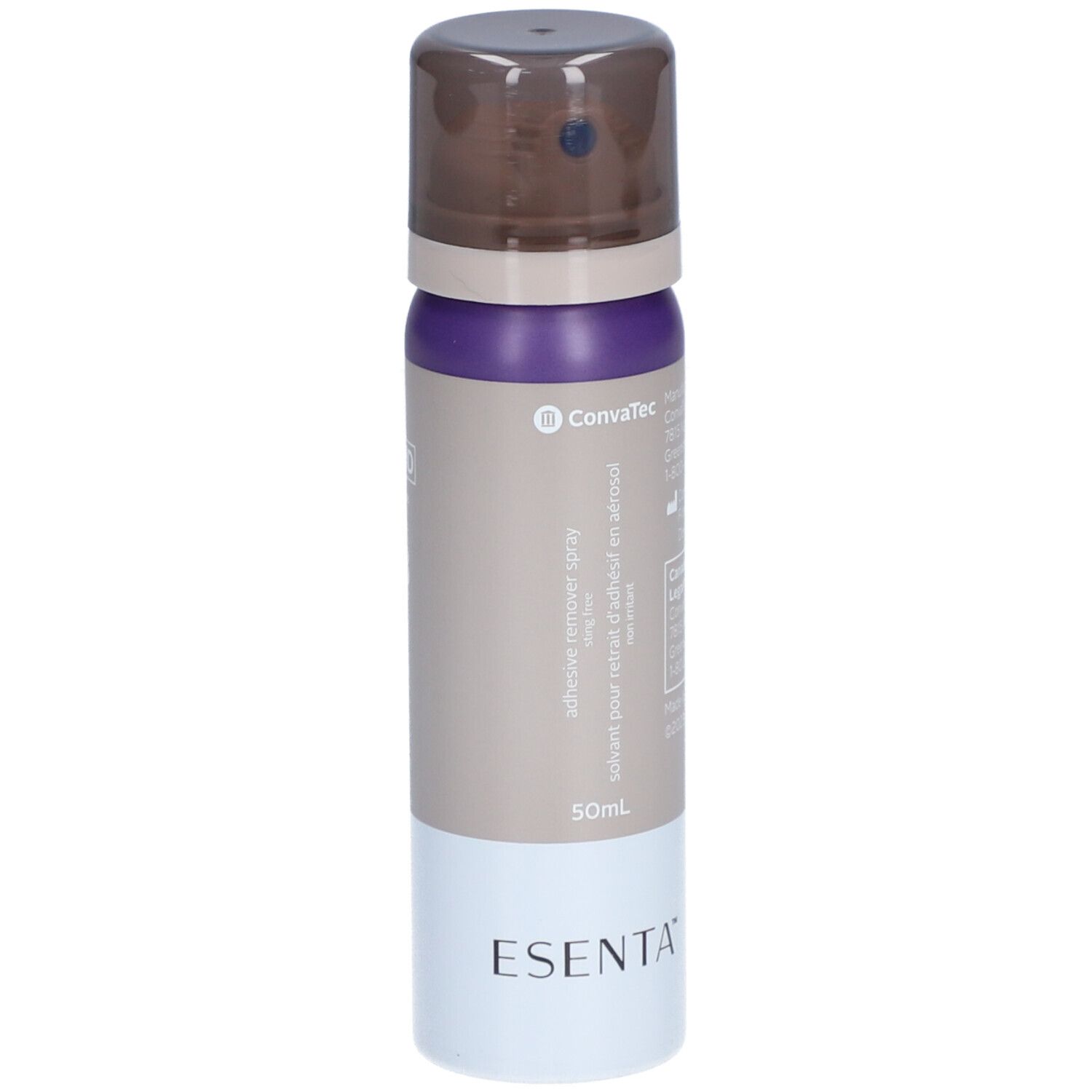 Spray ESENTA. Bouteille avec tête de pulvérisation. Marque : Convatec. Nom du produit : adhesive remover spray. 50 ml.