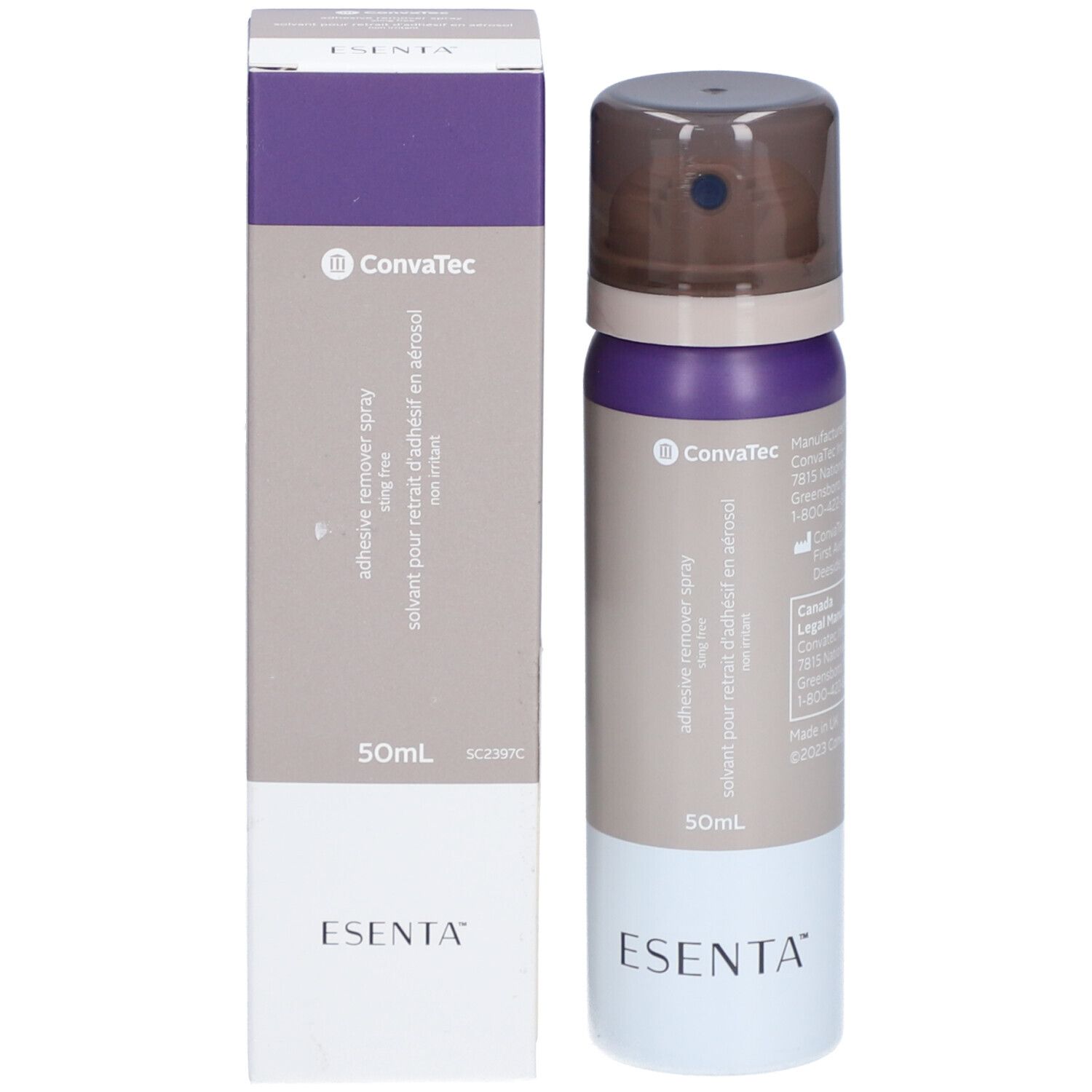 Spray ESENTA et emballage. Bouteille et boîte. Marque : ESENTA. Nom du produit : adhesive remover spray. 50 ml.