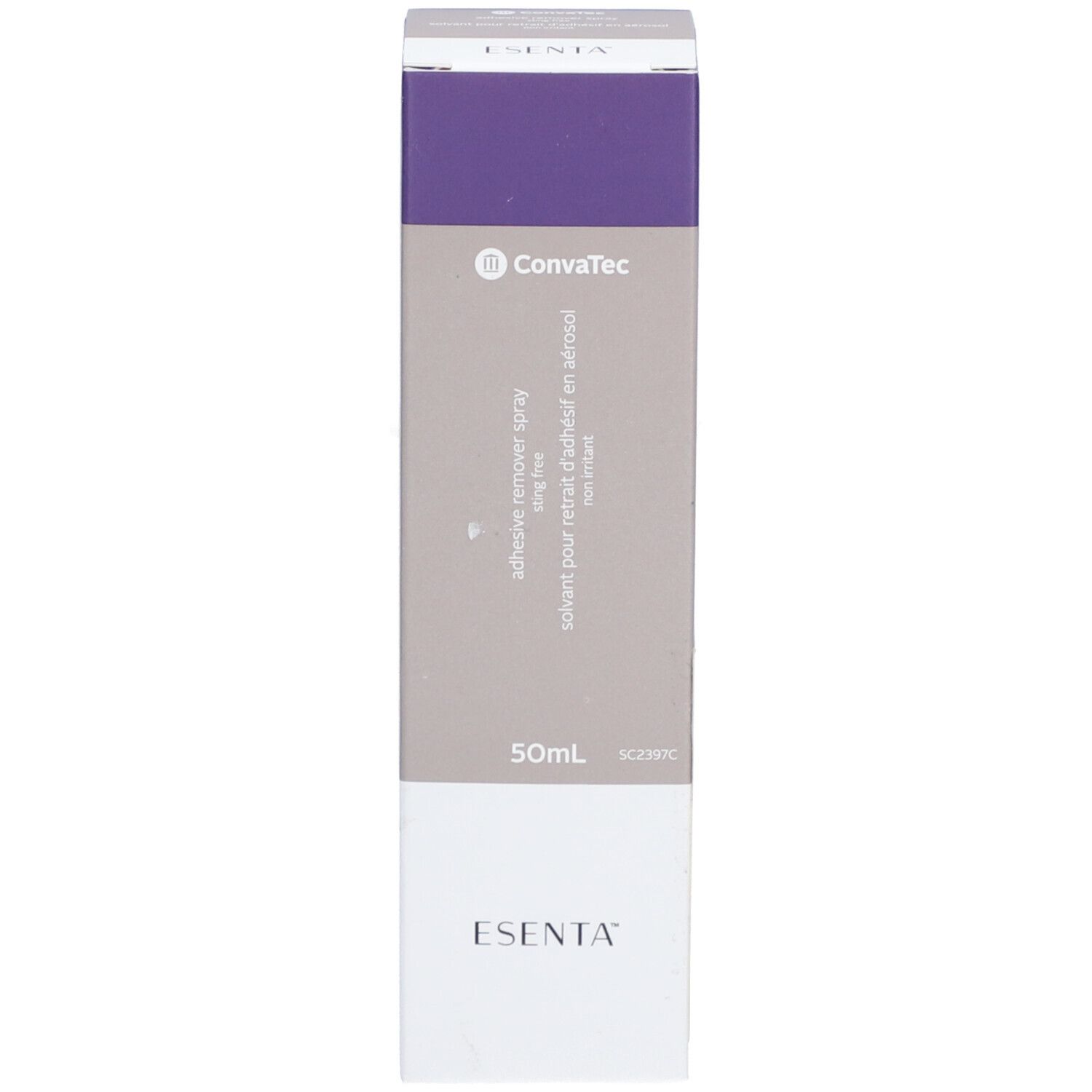 Emballage du spray ESENTA. Boîte. Marque : ESENTA. Nom du produit : adhesive remover spray. 50 ml.