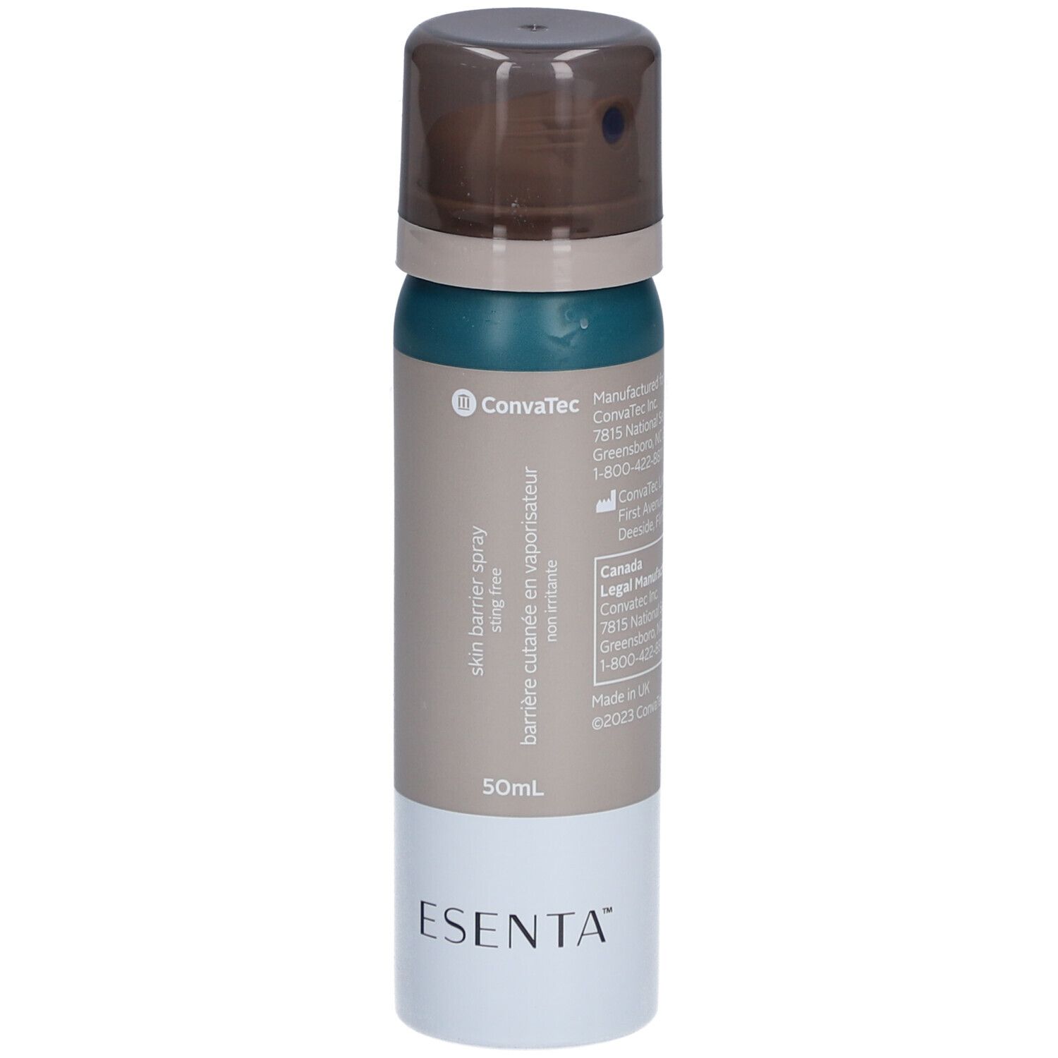Spray barrière cutanée sans alcool. Flacon avec bouchon pulvérisateur. Marques Esenta et ConvaTec.