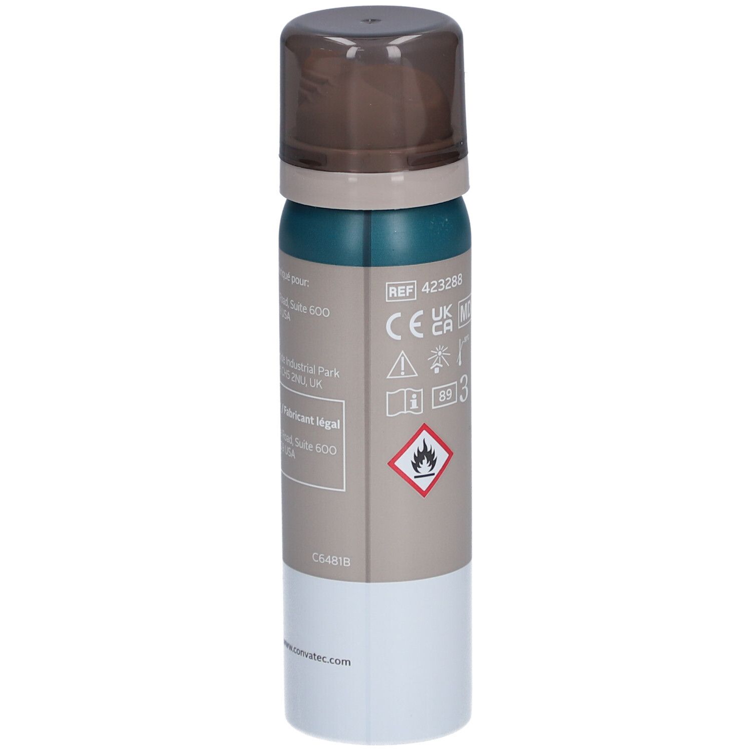 Spray barrière cutanée sans alcool. Flacon avec bouchon pulvérisateur. Informations produit et marquage CE.