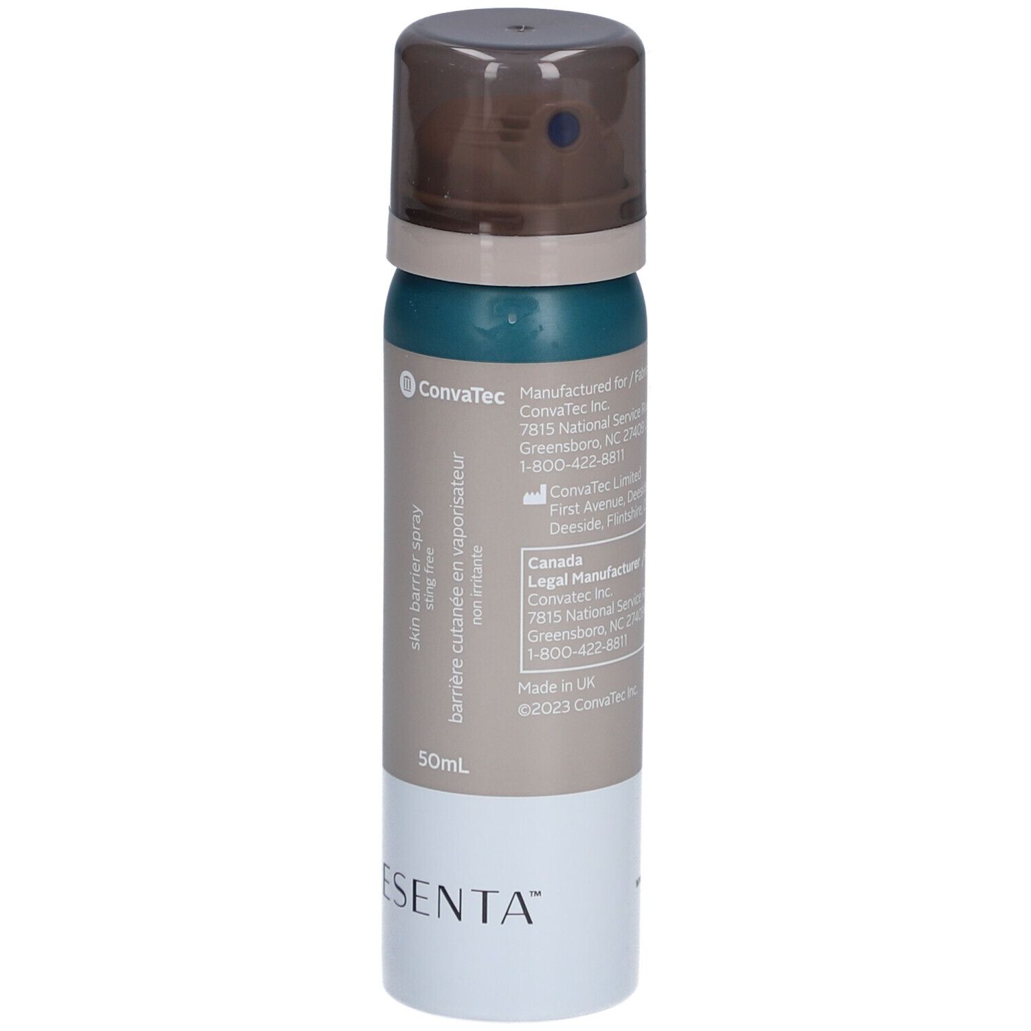 Spray barrière cutanée sans alcool. Flacon avec bouchon pulvérisateur. Marques Esenta et ConvaTec.