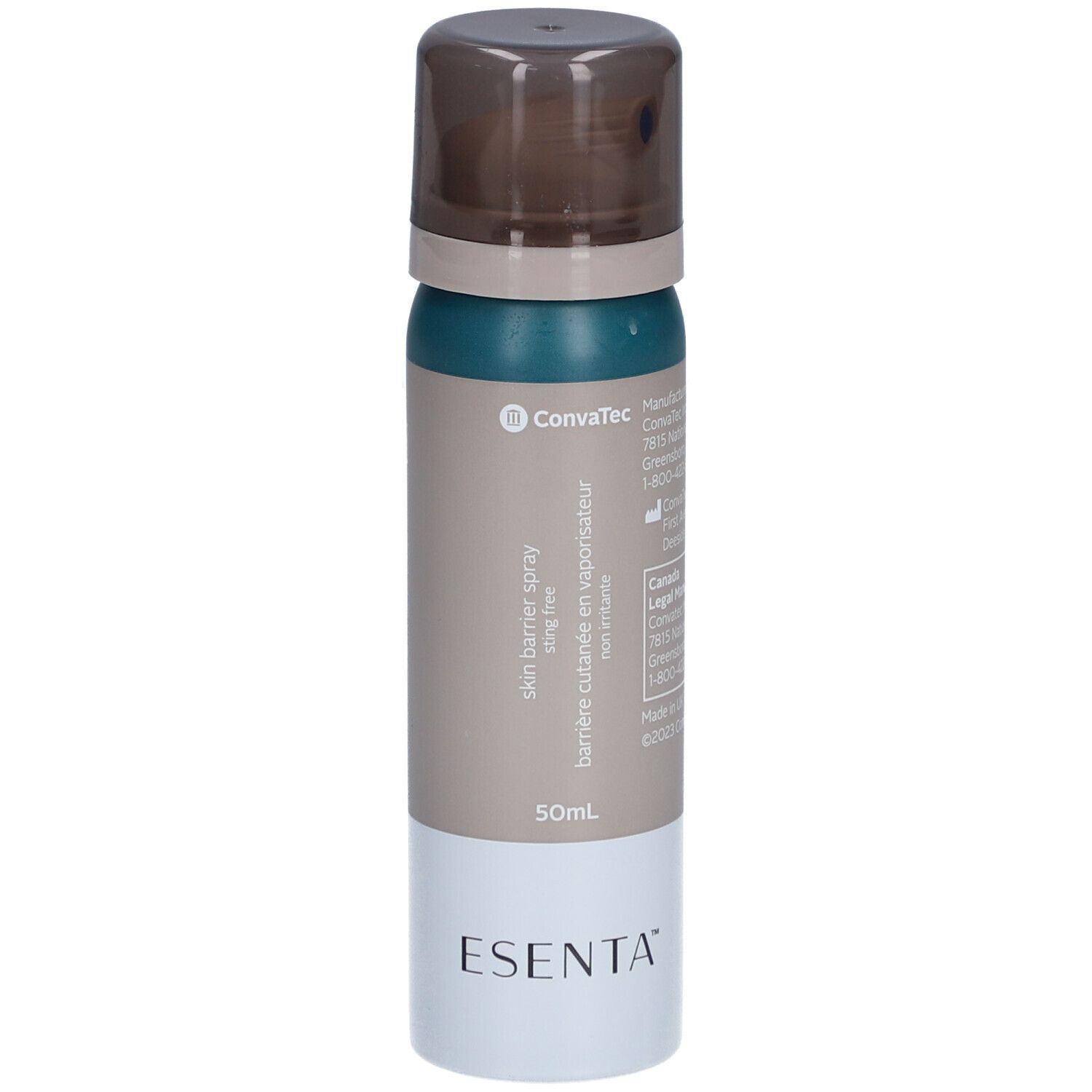Spray barrière cutanée sans alcool. Flacon avec bouchon pulvérisateur. Marques Esenta et ConvaTec.