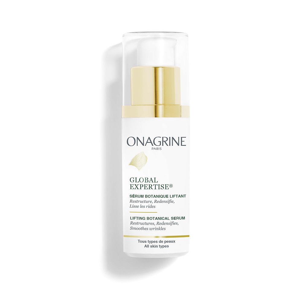 Wit serum met gouden dop. Opschrift: Onagrine, Global Expertise, Sérum Botanique Liftant. Transparante dop.