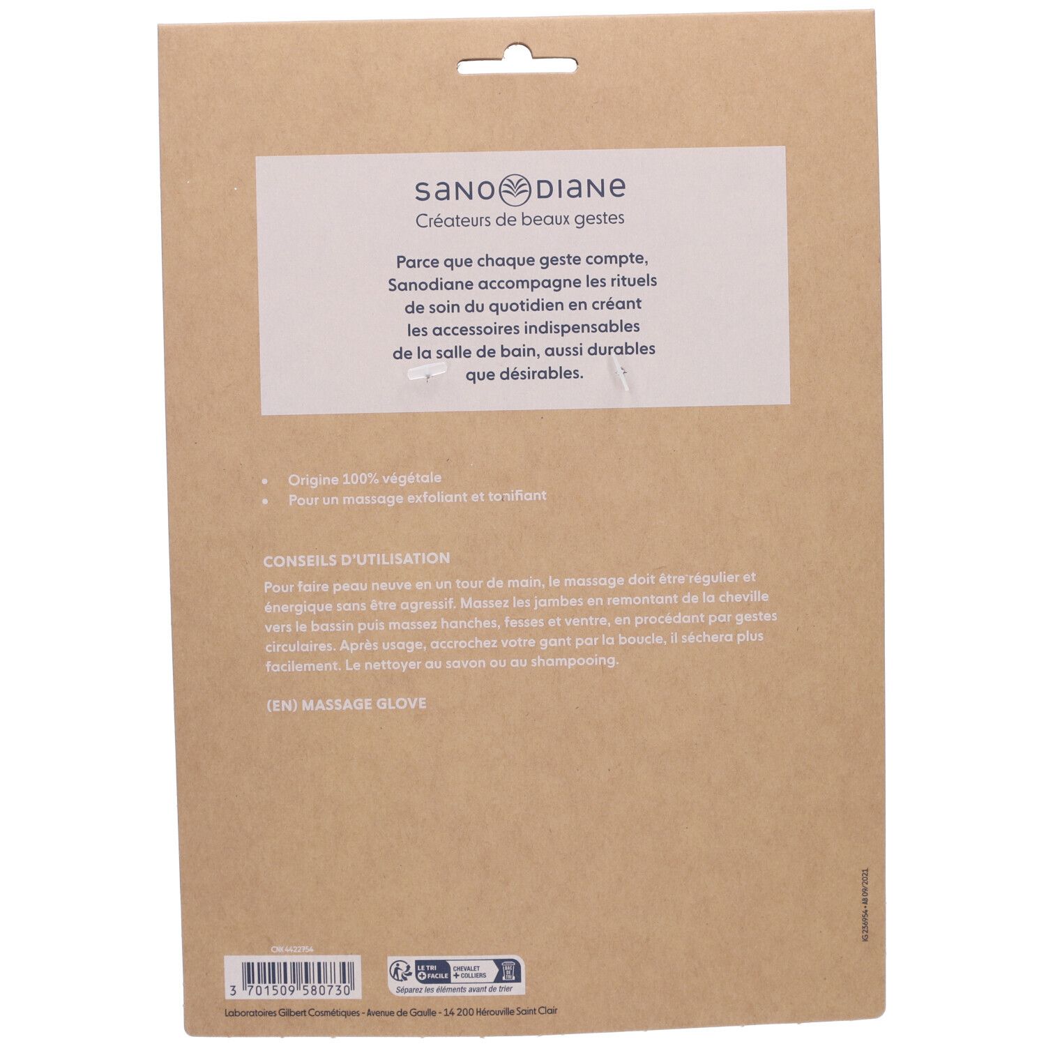 Rückseite der Verpackung. Text: Sanodiane, Créateurs de beaux gestes. Gebrauchsanweisung und Logo.