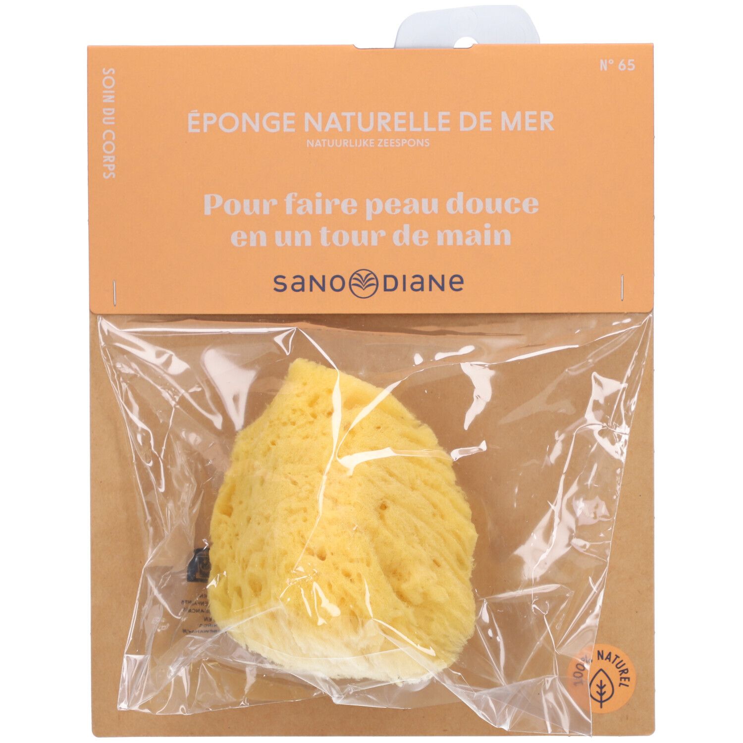 Gelbe, natürliche Gesichtsschwamm in Verpackung. Sanodiane-Logo sichtbar. Aufschrift: Éponge Naturelle de Mer.