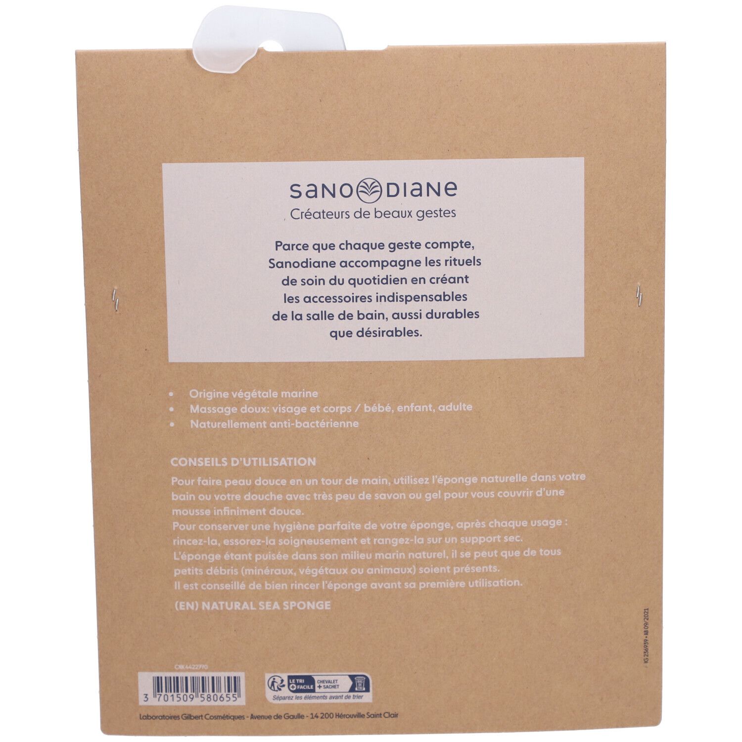 Rückseite der Verpackung mit Text. Sanodiane-Logo. Text über die Verwendung und Pflege der natürlichen Schwamm.