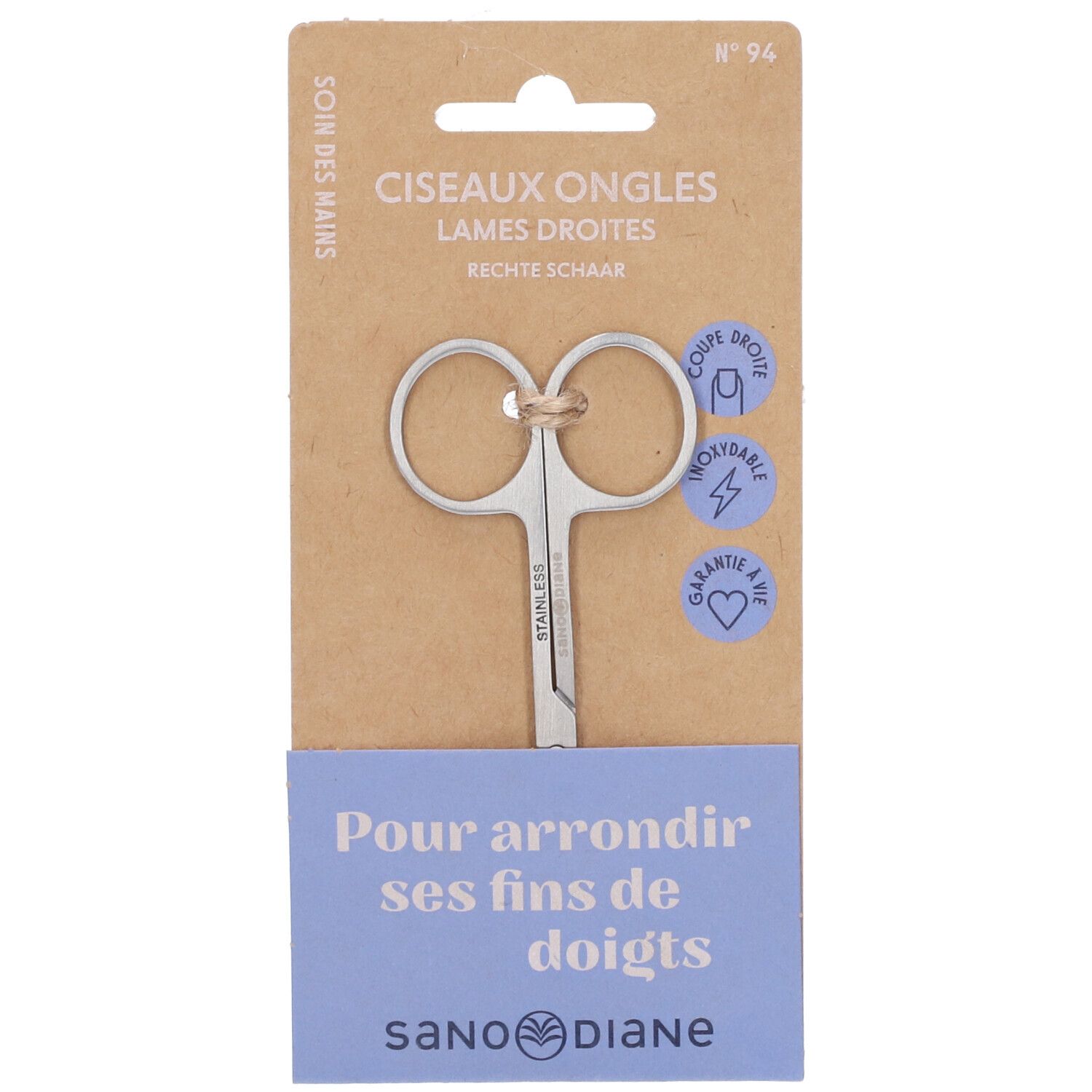 Nagelschaar met rechte bladen op karton. Tekst: "Ciseaux Ongles Lames droites". 