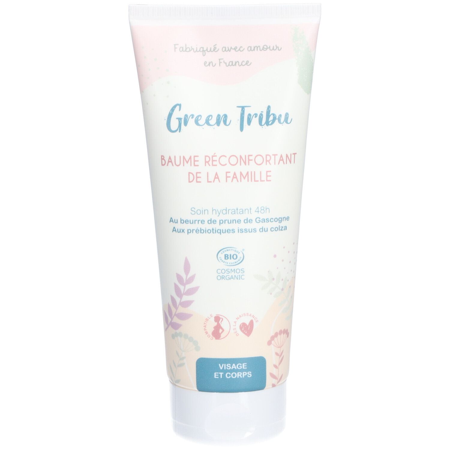 Tube de crème avec logo et nom du produit. Certification bio. Inscription: Visage et Corps.