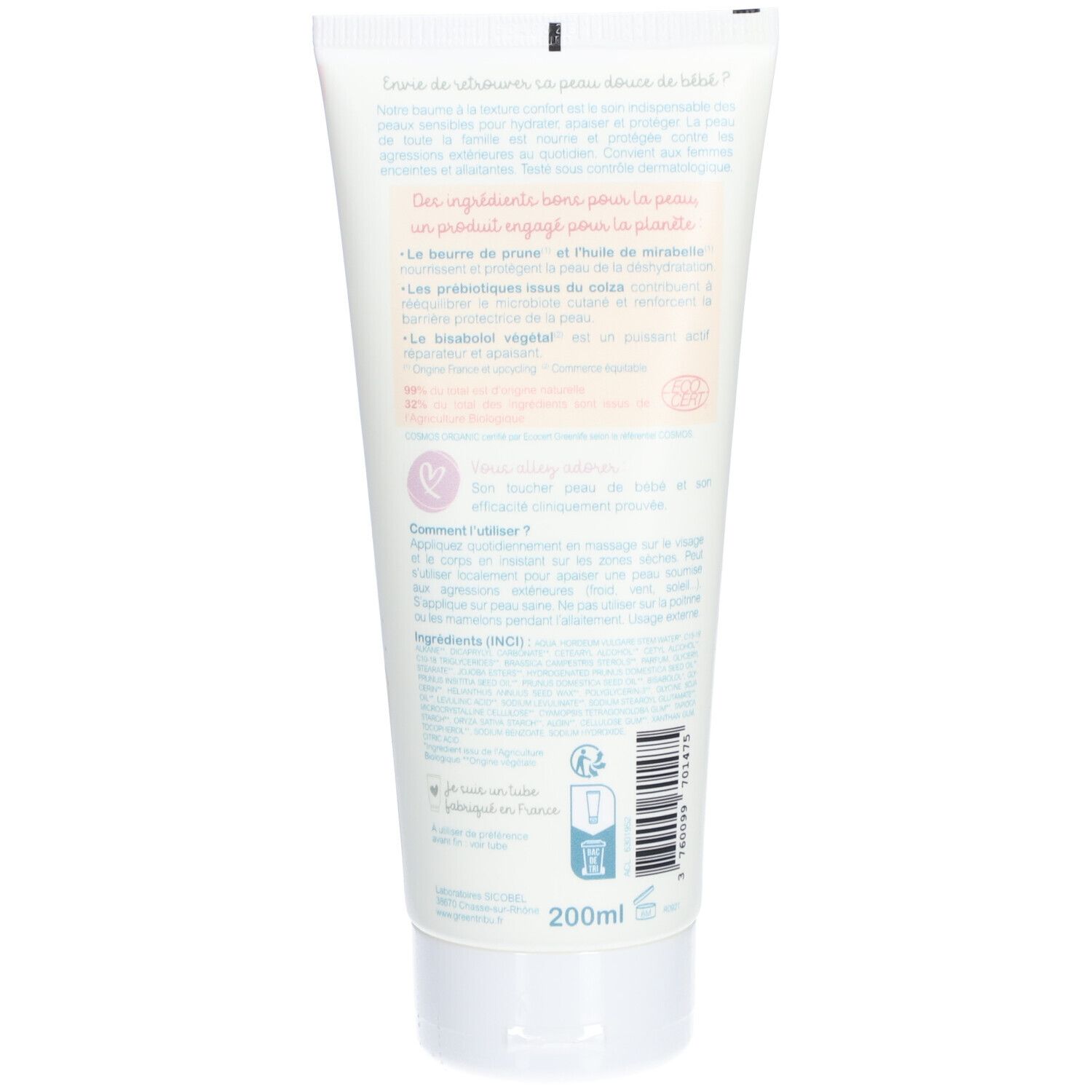 Dos du tube de crème. Texte sur les ingrédients et l'utilisation. Indication de volume 200ml.