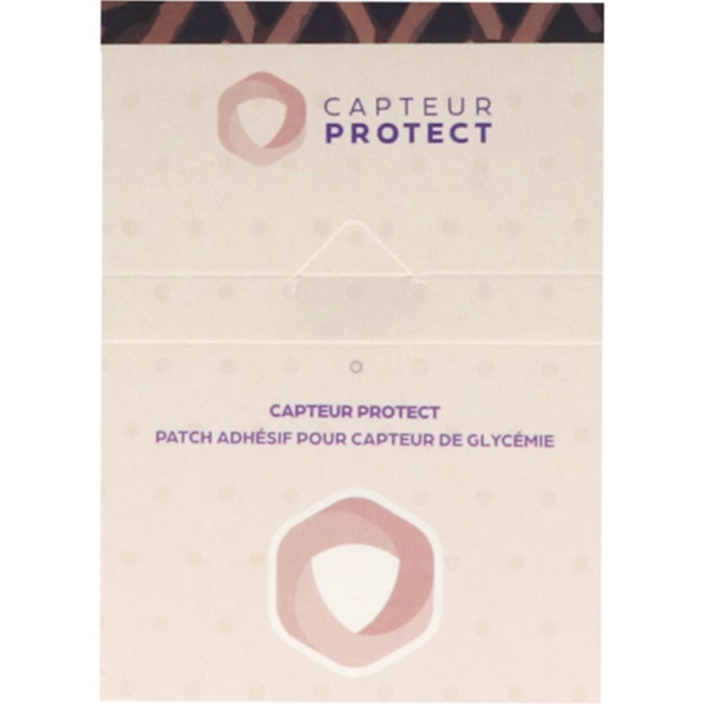 Emballage avec logo et texte: CAPTEUR PROTECT, Patch adhésif pour capteur de glycémie.