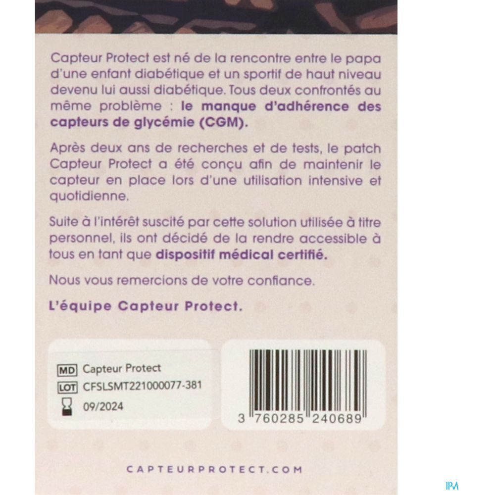 Texte sur fond blanc. Informations sur le produit CAPTEUR PROTECT et son développement.