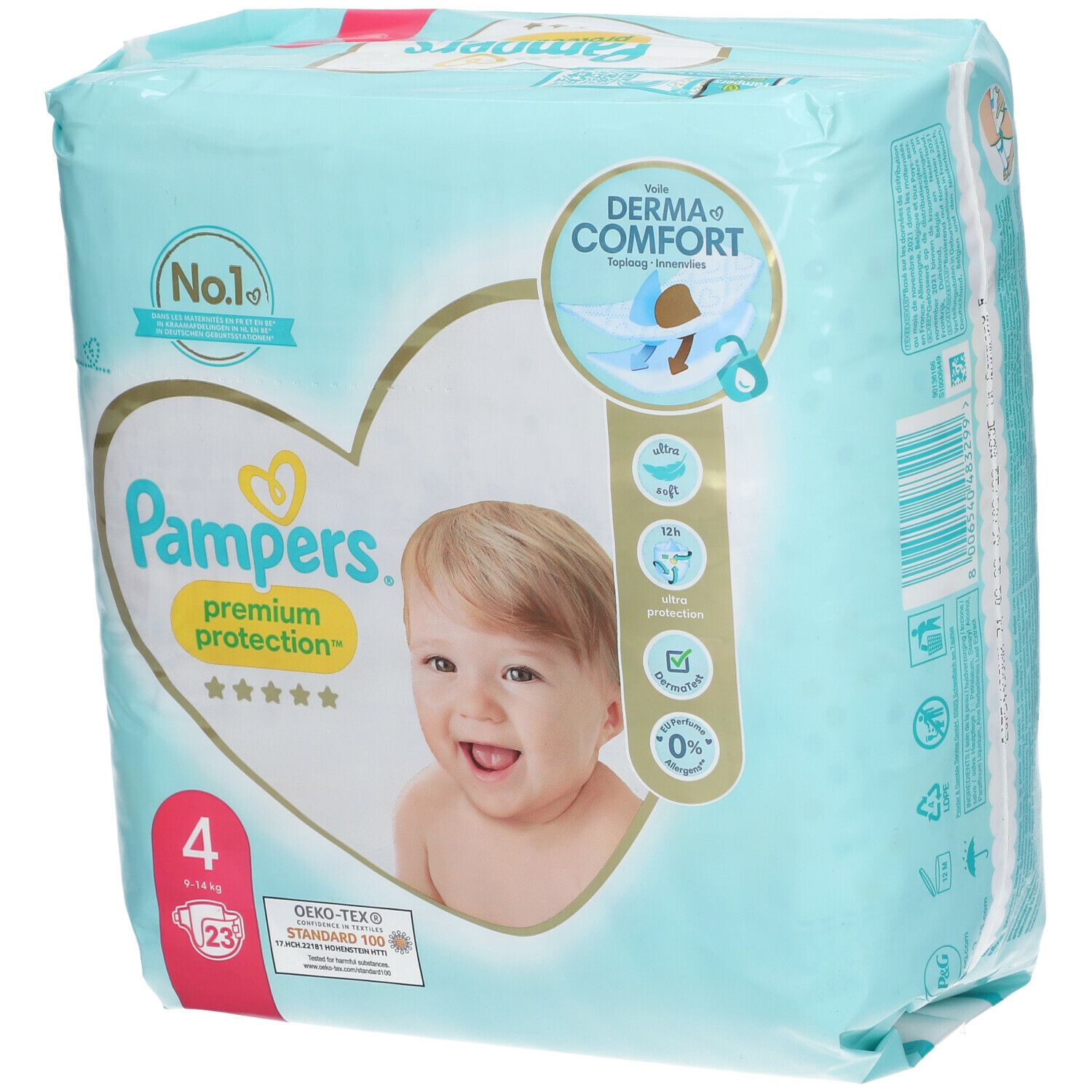 Paquet de couches Pampers Premium Protection taille 4, bleu clair, avec illustration de bébé. Inscriptions : Derma Comfort, No.1, 9-14 kg.