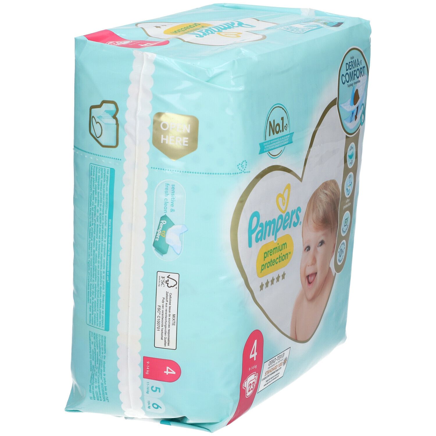 Vue latérale d'un paquet de couches Pampers Premium Protection taille 4, bleu clair. Inscriptions : Derma Comfort, No.1, 9-14 kg, Ouvrir ici.
