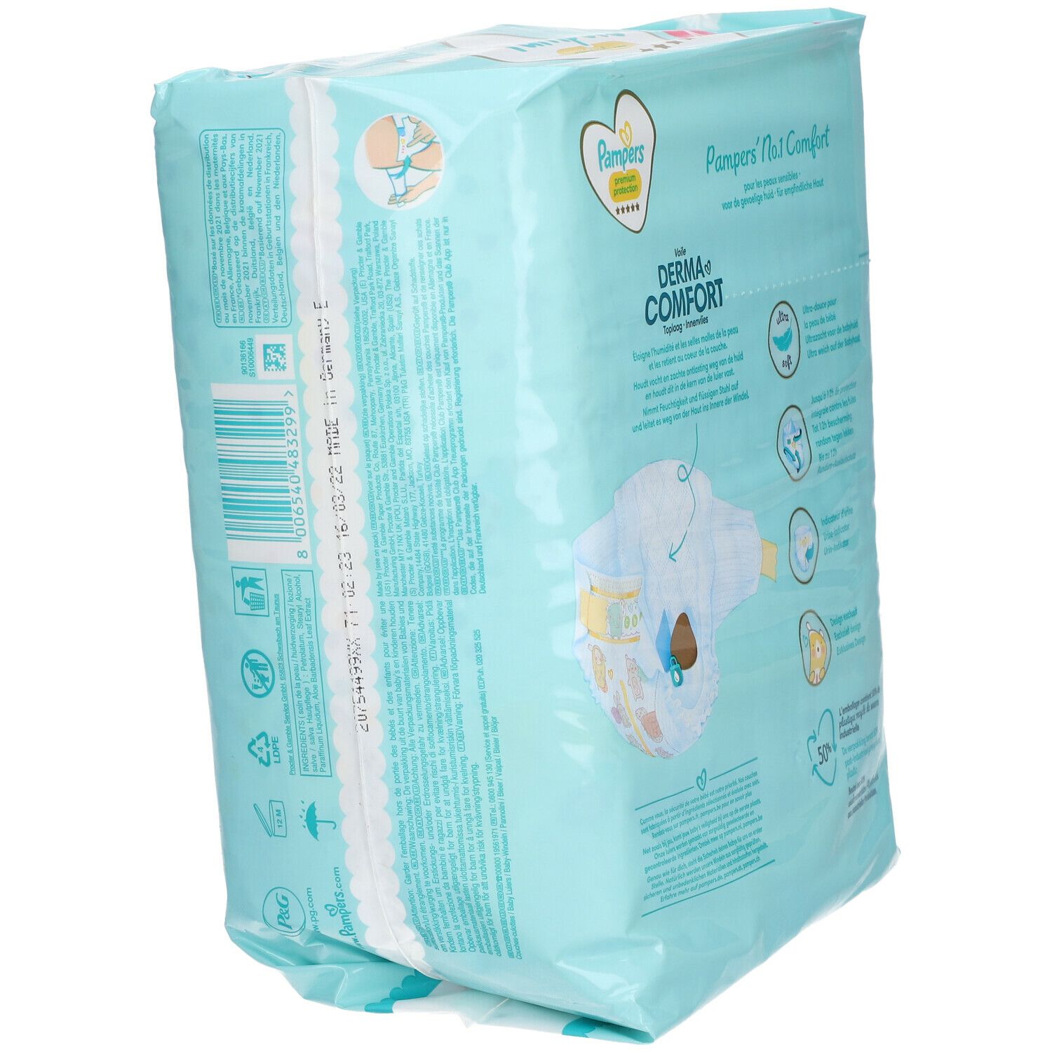 Vue arrière du paquet de couches Pampers Premium Protection bleu clair. Inscriptions : Derma Comfort, Pampers No.1 Comfort, icônes, date de péremption.