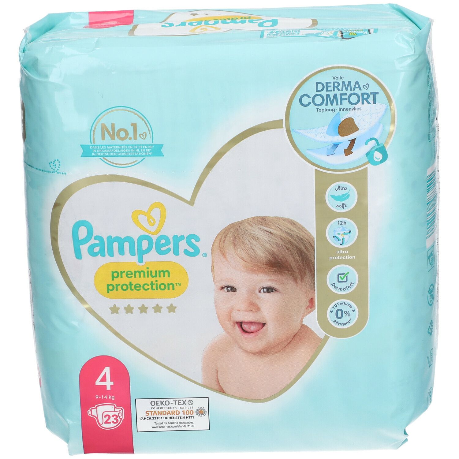 Paquet de couches Pampers Premium Protection taille 4, bleu clair, avec illustration de bébé. Inscriptions : Derma Comfort, No.1, 9-14 kg, 23 pièces.