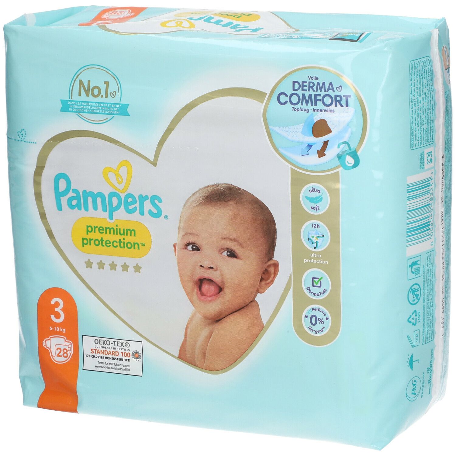 Paquet de couches Pampers Premium Protection taille 3, 28 unités. Bébé sur l'emballage. Oeko-Tex Standard 100.