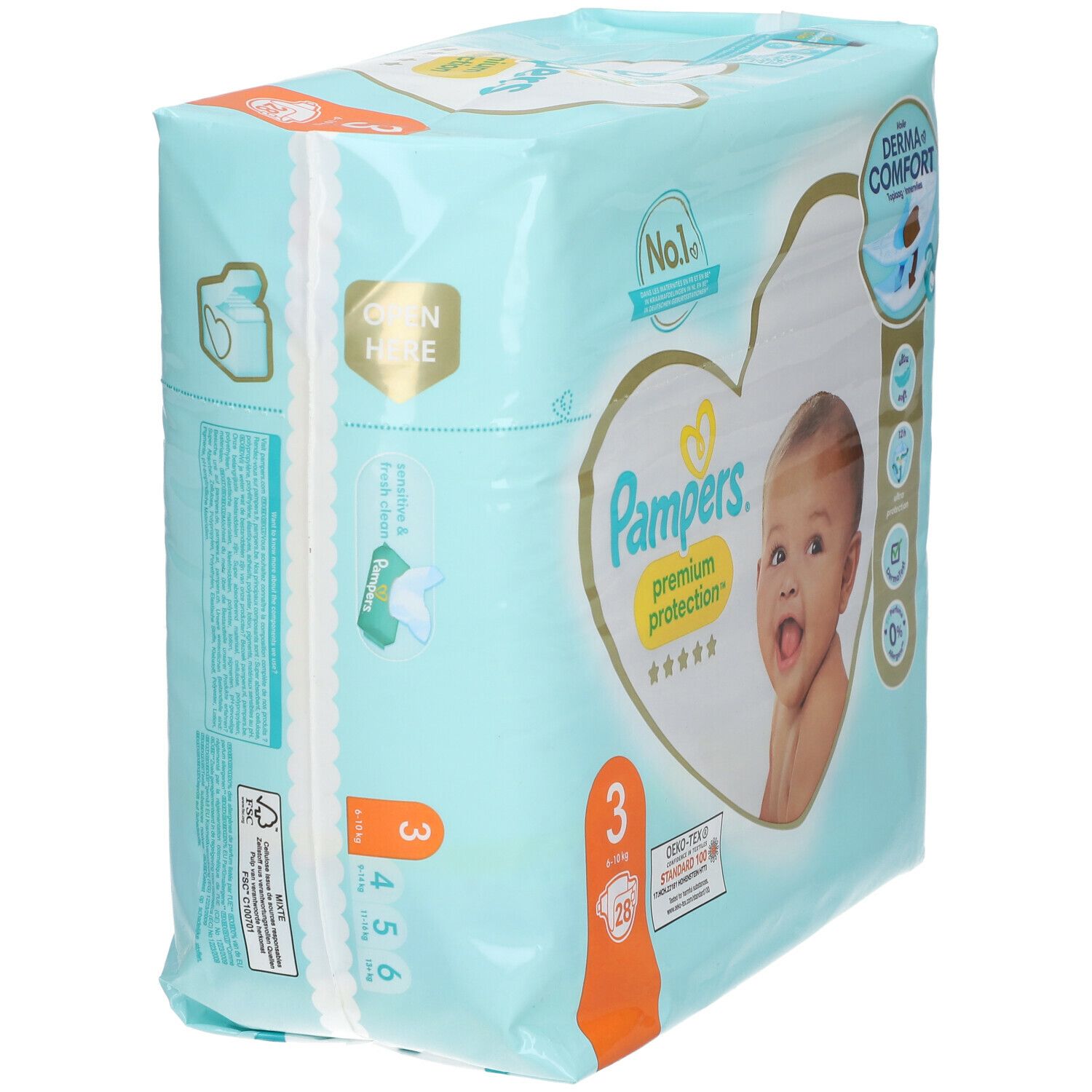 Paquet de couches Pampers Premium Protection taille 3. Emballage avec image de bébé. Oeko-Tex Standard 100. Vue latérale.