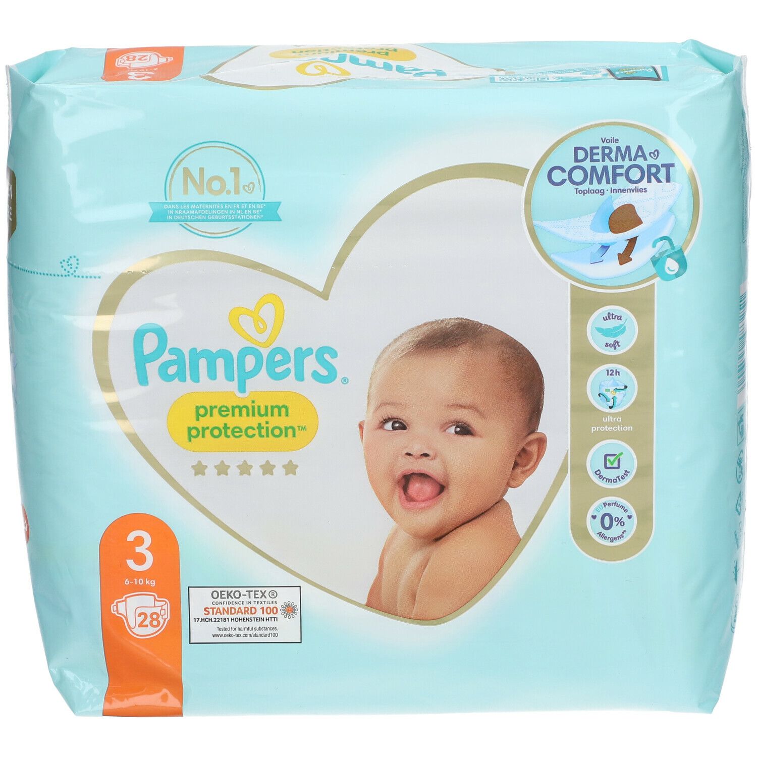 Paquet de couches Pampers Premium Protection taille 3, 28 unités. Bébé sur l'emballage. Oeko-Tex Standard 100.