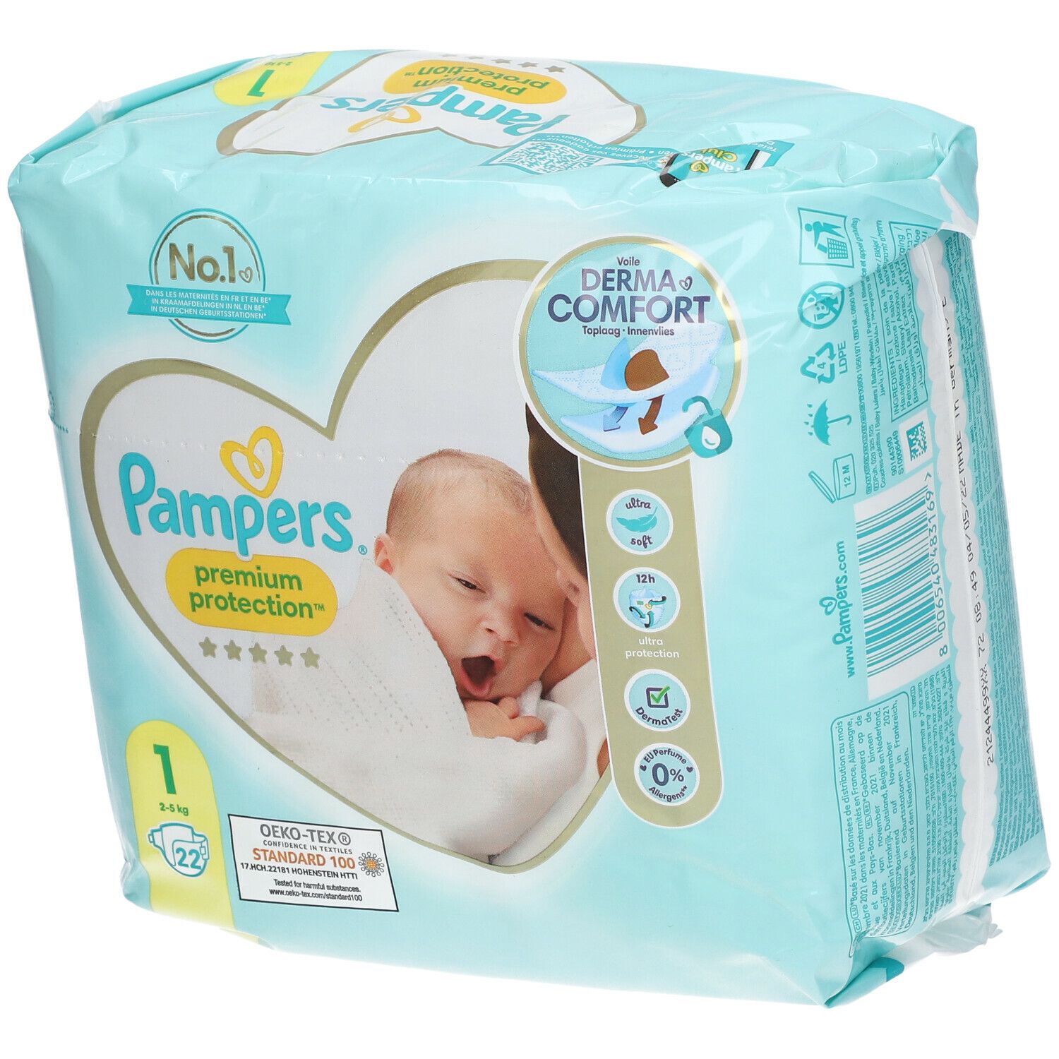 Paquet de couches Pampers Premium Protection taille 1, 2-5kg, 22 unités. Bébé sur l'emballage. Avec Derma Comfort.