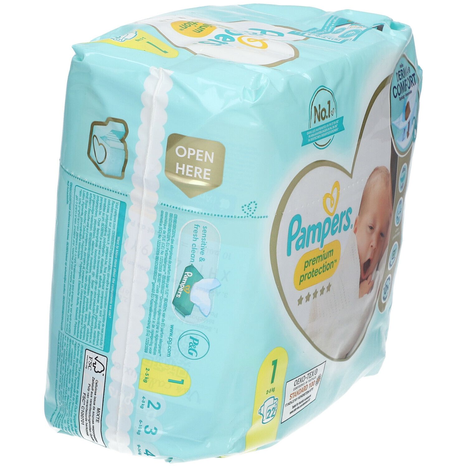 Paquet de couches Pampers Premium Protection taille 1, 2-5kg. Vue latérale. Avec Derma Comfort et instructions d'ouverture.